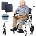 Shower Chair with Wheels 4 in 1 Folding Padded Bedside Commode Wheelchair Height Adjustable Detachable Bucket with Wheels Lifting Armrests Flip-up Footrest for Elderly Disabled (Black Tape and Sheet)