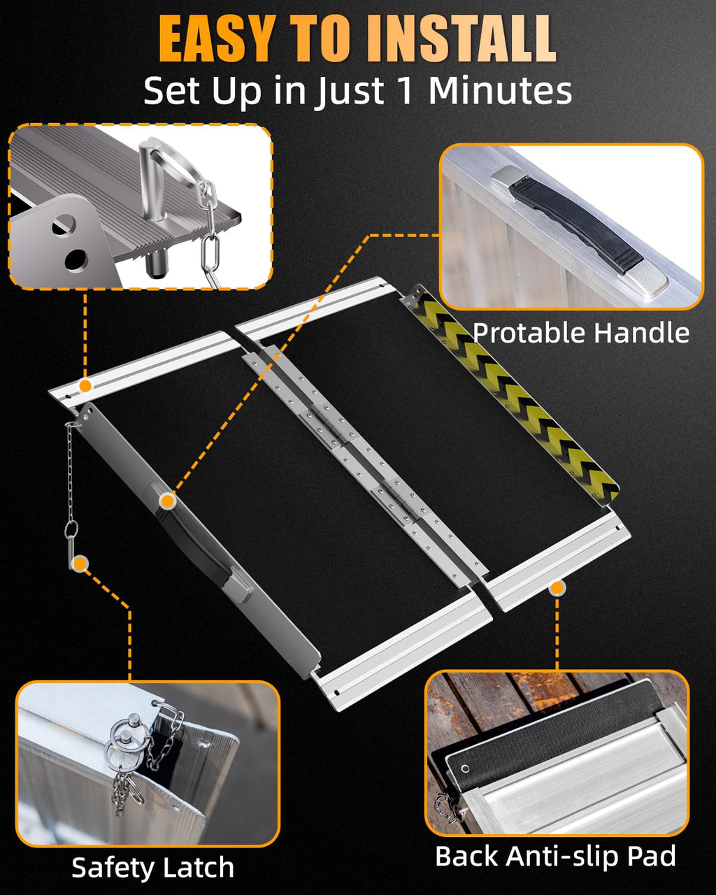 VNN Portable Wheelchair Ramp 4FT, Non-Slip Aluminum Folding Handicap Ramps, Door Threshold Wheelchair Ramps for Home, Threshold Ramp for Home Steps, Scooter Ramp, Doorways