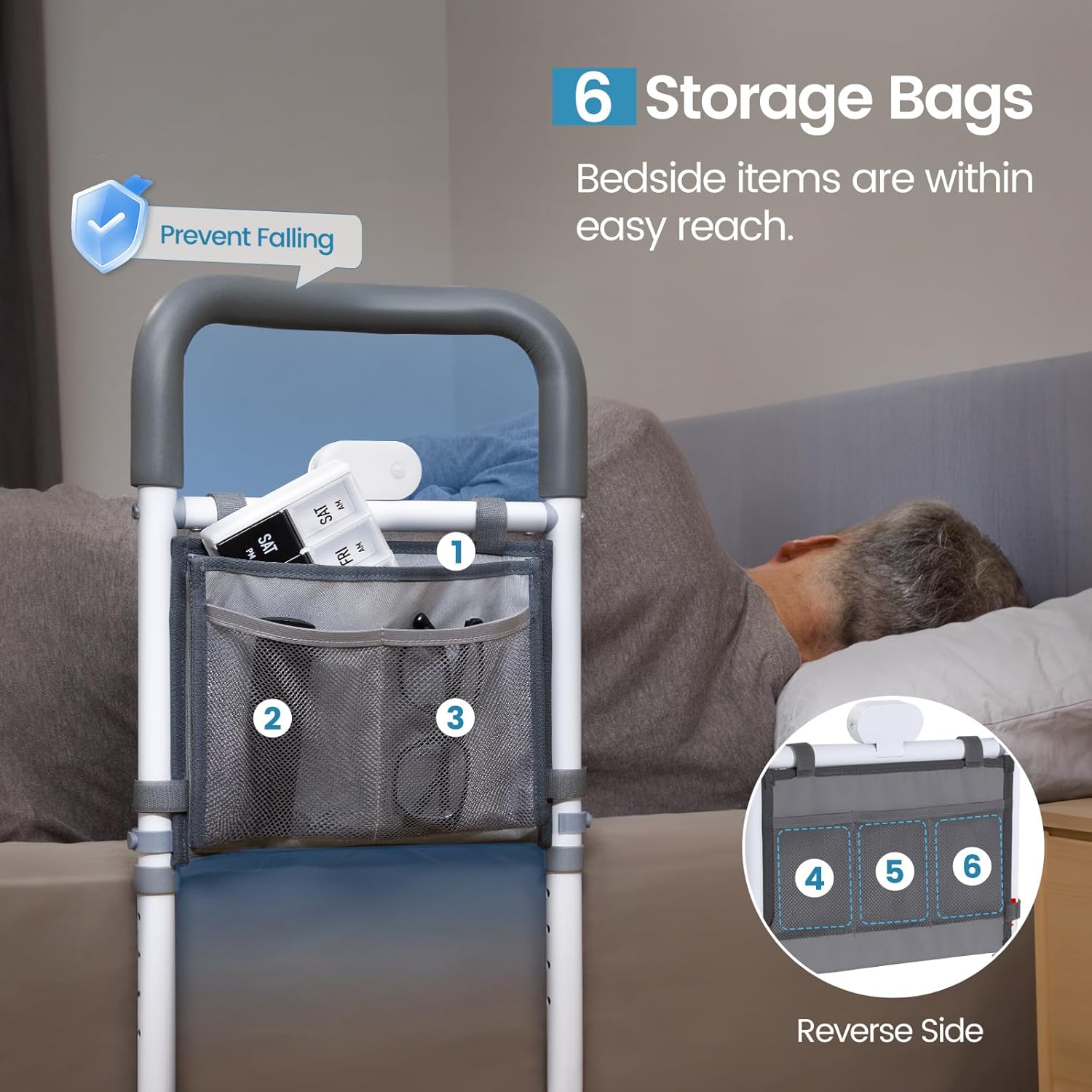 Adjustable Bed Rails for Elderly Adults with Night Light & Bag, Bed Assist Rail with Double Crossbar, Bed Railings Protects Seniors from Falling