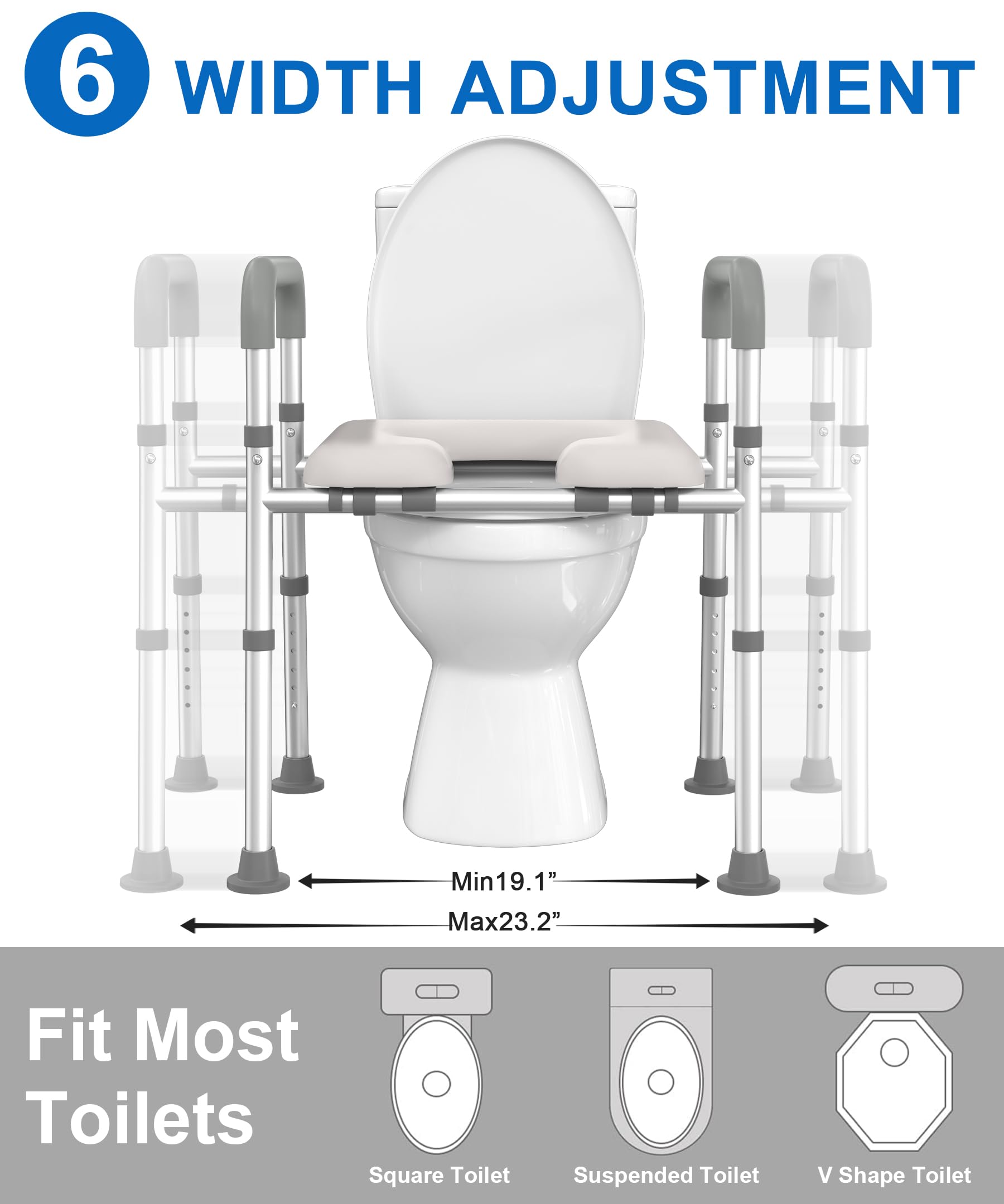 Raised Toilet Seat with Handles, Toilet Seat Riser for Seniors with Adjustable Height & Width, 400lb Handicap Elevated Toilet Seat for Elderly, Pregnant, Fit Any Toilet