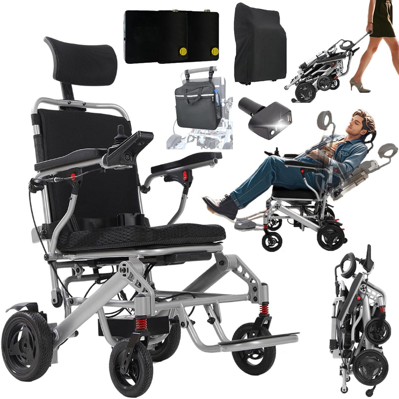 2025 New Reclining Electric Wheelchair for Adults, 30+ Miles Long Travel Range All Terrain Power Wheelchair with 2 Li-ion Battery, Lightweight Foldable Motorized Wheel Chair, with Headrest, Telescopic