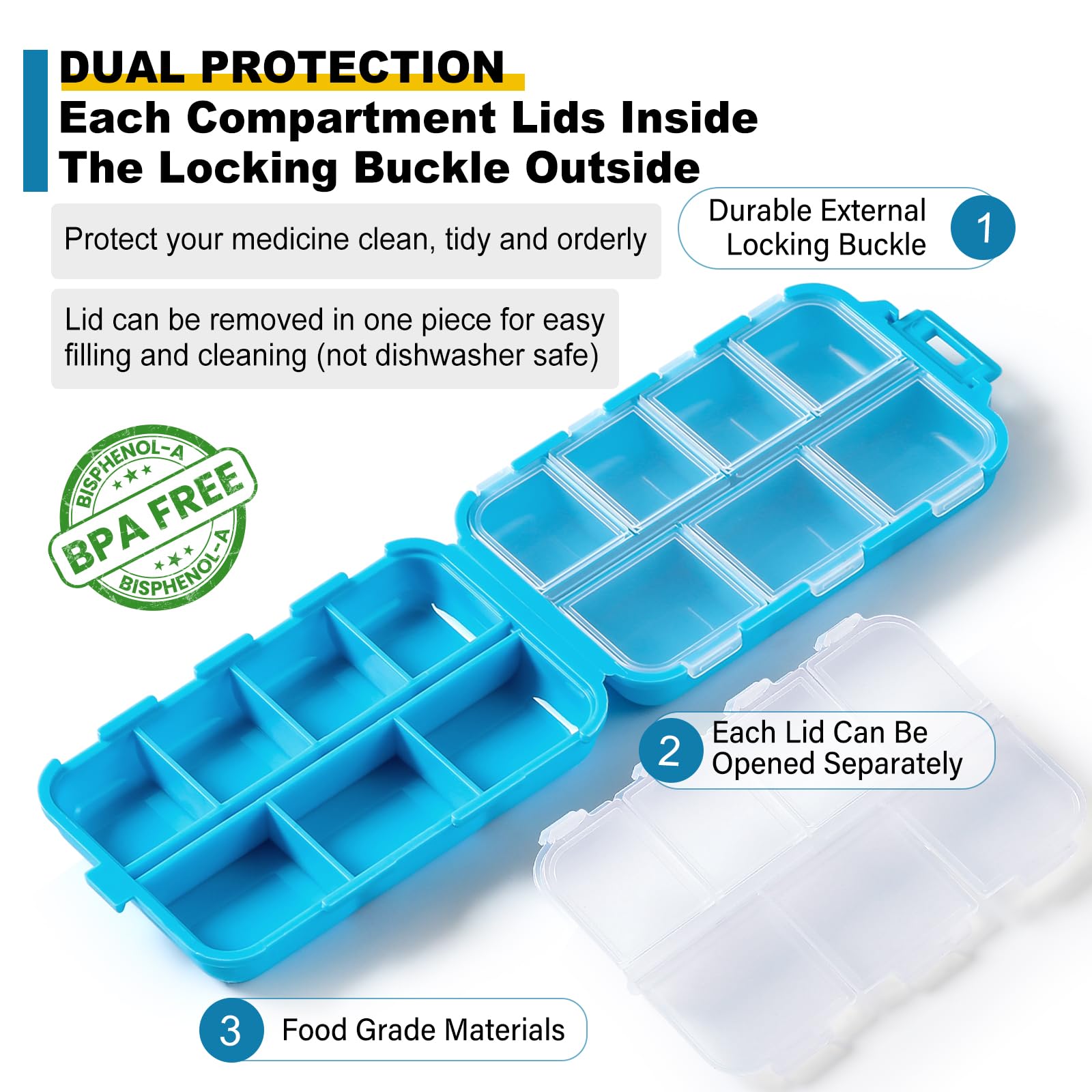 3 Pack 14 Grids Travel Pill Organizer Box with 415-Pcs Medicine Name Labels - Pocket Daily Pharmacy Case Container Kit - Travel Medication Holder Dispenser for Fish Oil Vitamin Supplement Storage
