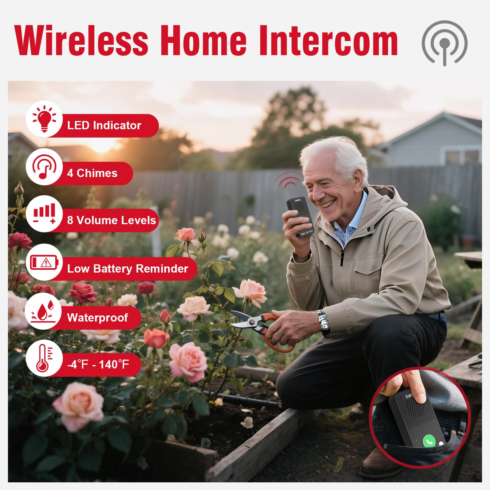 CallToU Caregiver Pager Wireless Call Bell Alert Button for Seniors/Elderly/Patients 1 Plugin Receiver 1 Waterproof Transmitter