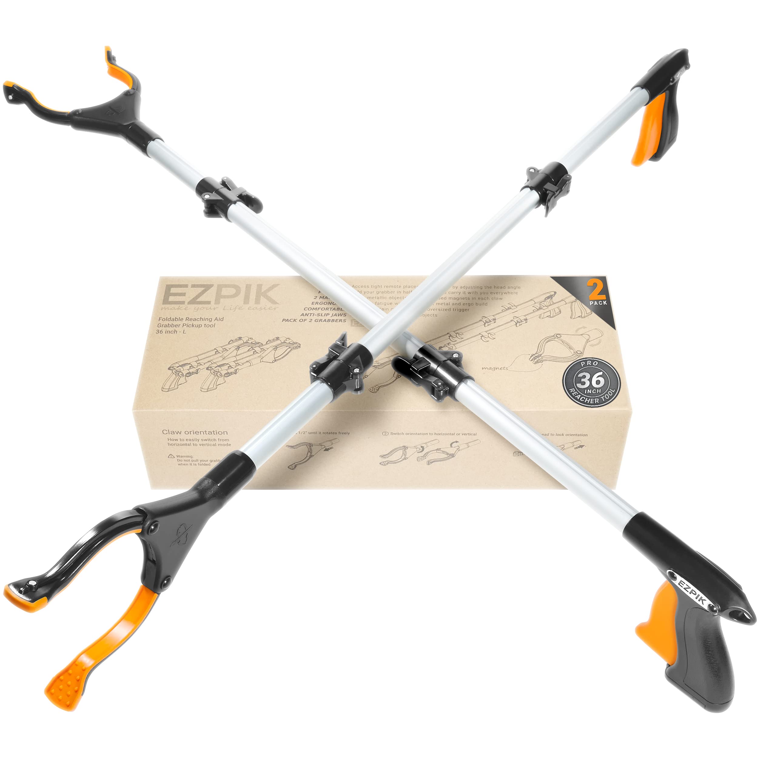 EZPIK Pro 36" Flexible Folding Grabber Tool for Elderly + Magnets, Reacher for Disabled & Seniors Heavy Duty Rotating Grippers for Reaching Underneath, Trash Grabbers & Pickers for Mobility