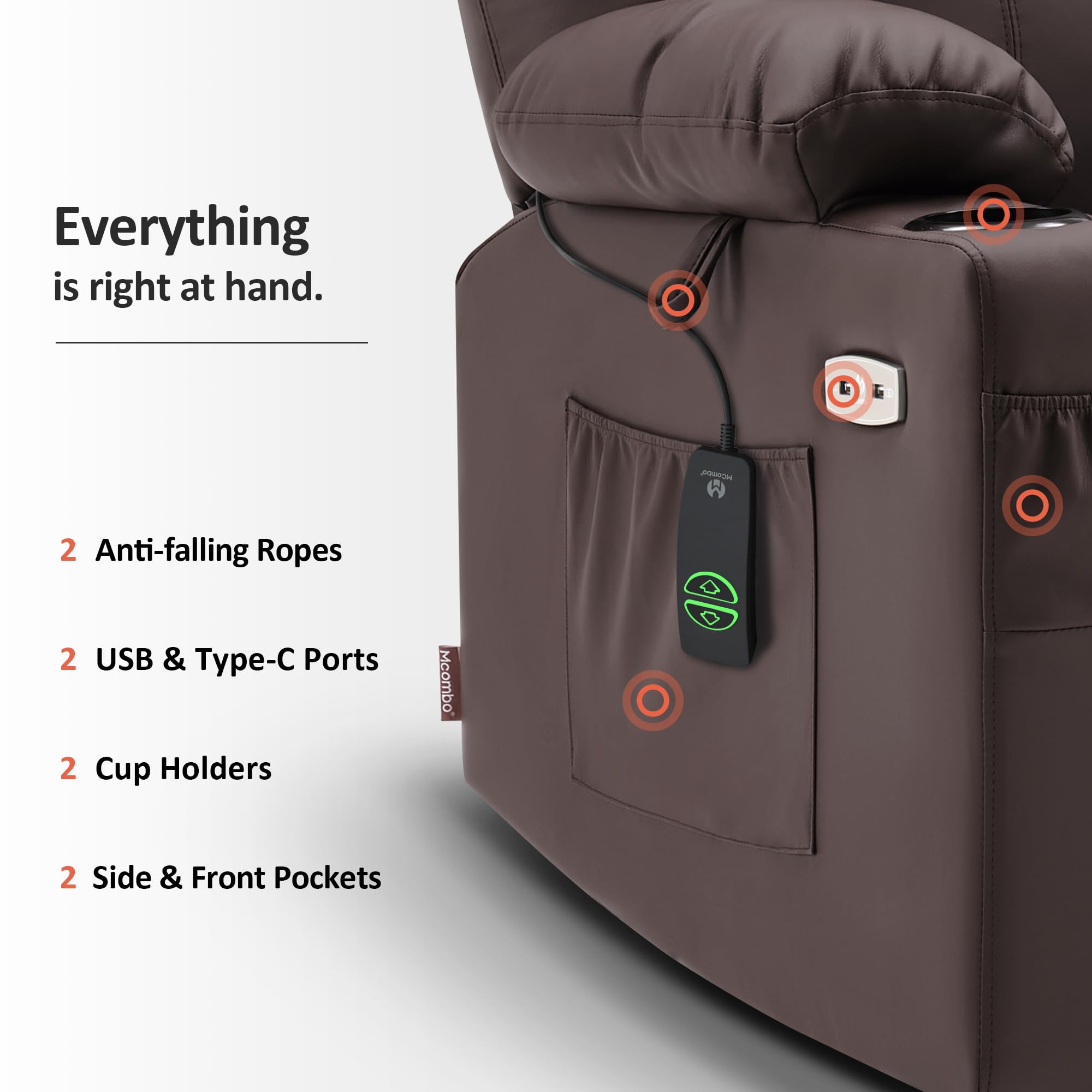 MCombo Electric Power Lift Recliner Chair Sofa with Massage and Heat for Elderly, 3 Positions, 2 Side Pockets, and Cup Holders, USB Ports, Faux Leather 7040 (Light Brown, Medium)
