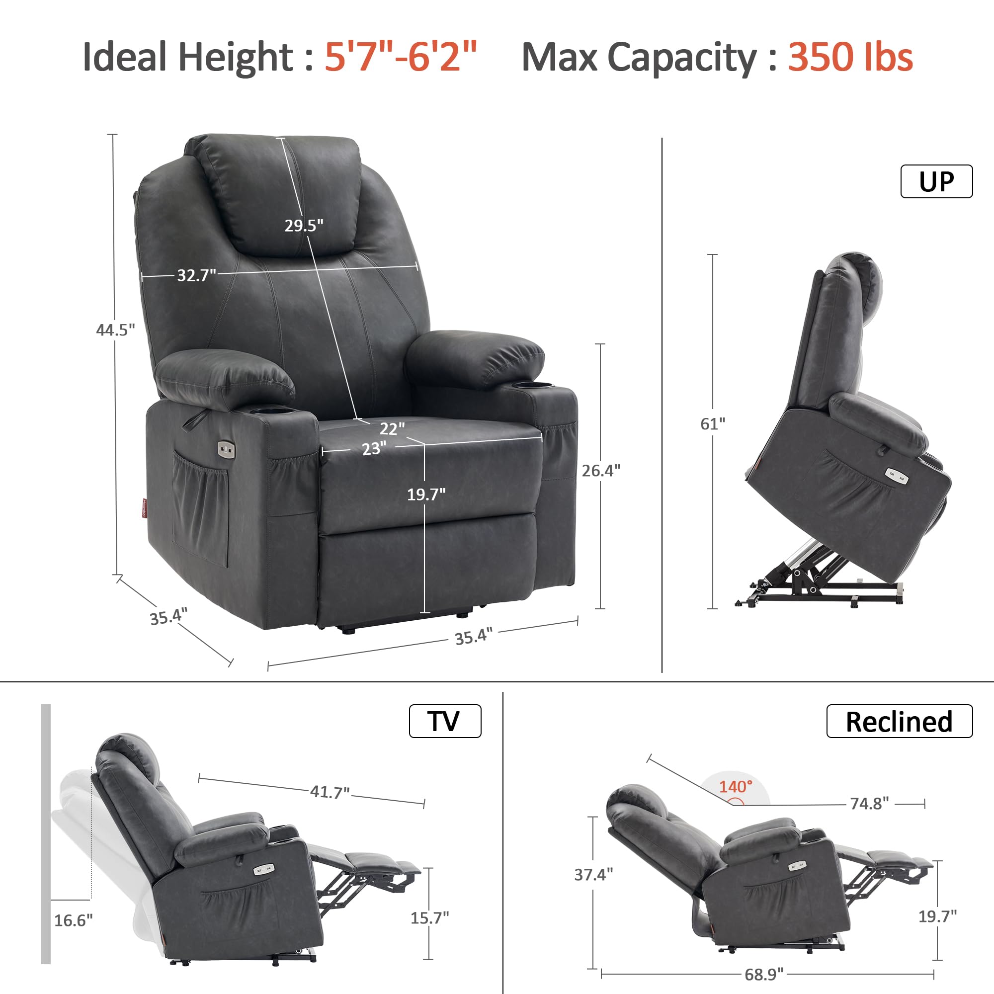 MCombo Electric Power Lift Recliner Chair Sofa with Massage and Heat for Elderly, 3 Positions, 2 Side Pockets, and Cup Holders, USB Ports, Faux Leather 7040 (Light Brown, Medium)