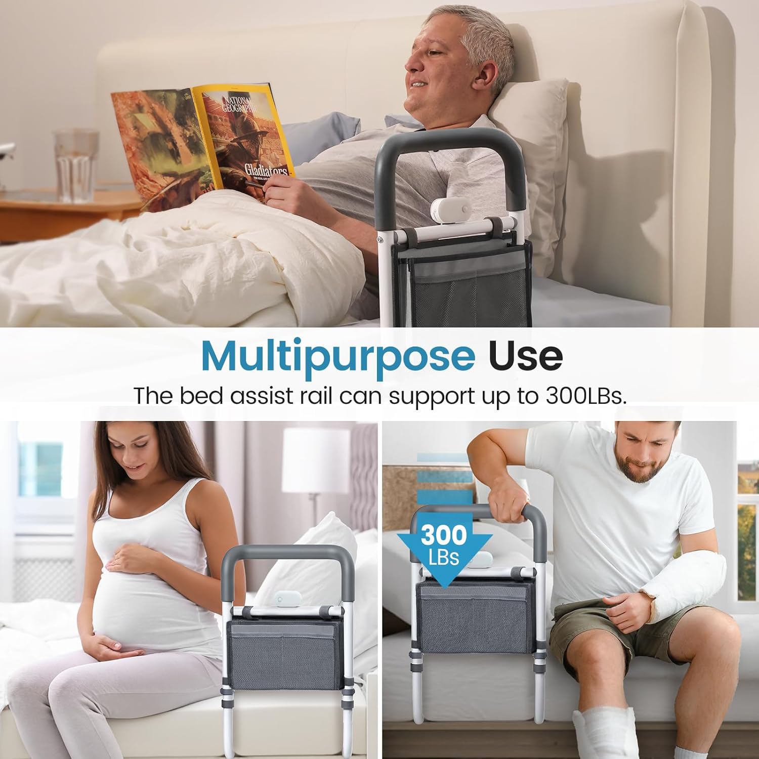 Adjustable Bed Rails for Elderly Adults with Night Light & Bag, Bed Assist Rail with Double Crossbar, Bed Railings Protects Seniors from Falling