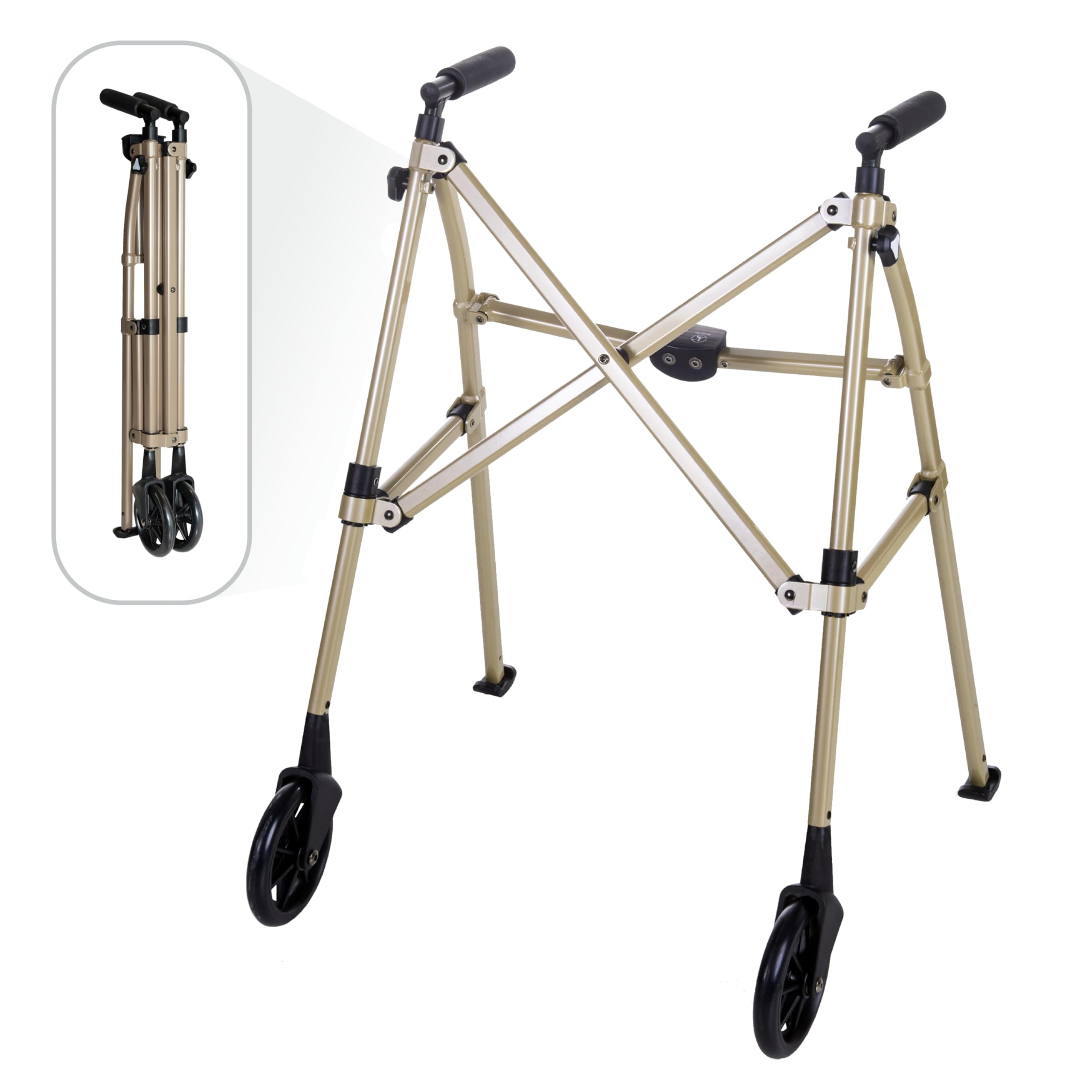 Stander Space Saver Walker, Lightweight Folding Rolling Mobility Aid for Seniors & Adults, Compact 2-Wheel Disability Device with 6-inch Wheels & Ski Glides for Walking Support, Cobalt Blue