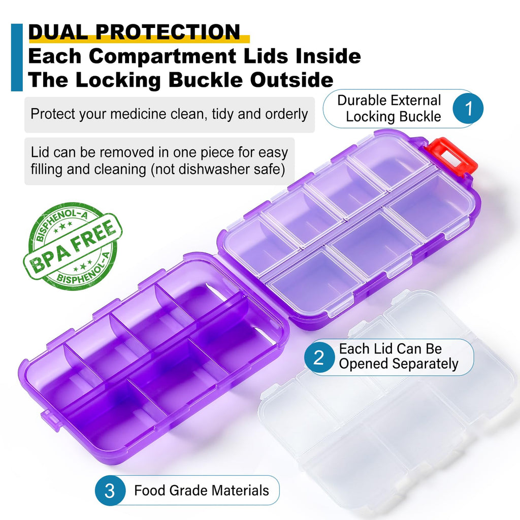 3 Pack 14 Grids Travel Pill Organizer Box with 415-Pcs Medicine Name Labels - Pocket Daily Pharmacy Case Container Kit - Travel Medication Holder Dispenser for Fish Oil Vitamin Supplement Storage