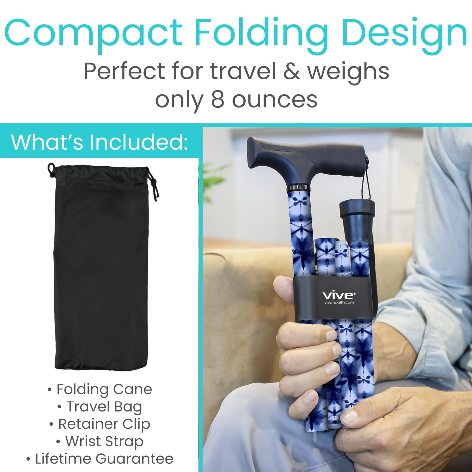 Vive Folding Cane - Foldable Walking Cane for Men, Women - Fold-up, Collapsible, Lightweight, Adjustable, Portable Hand Walking Stick - Balancing Mobility Aid - Comfortable Ergonomic Handle