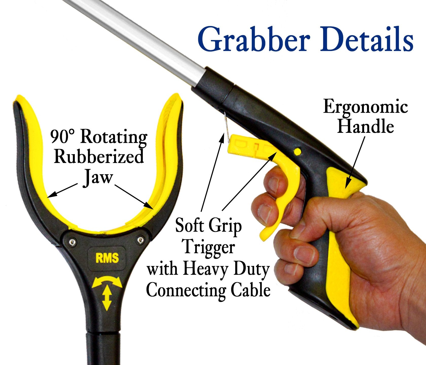 RMS 2-Pack 34 Inch Extra Long Grabber Reacher with Rotating Jaw - Mobility Aid Reaching Assist Tool