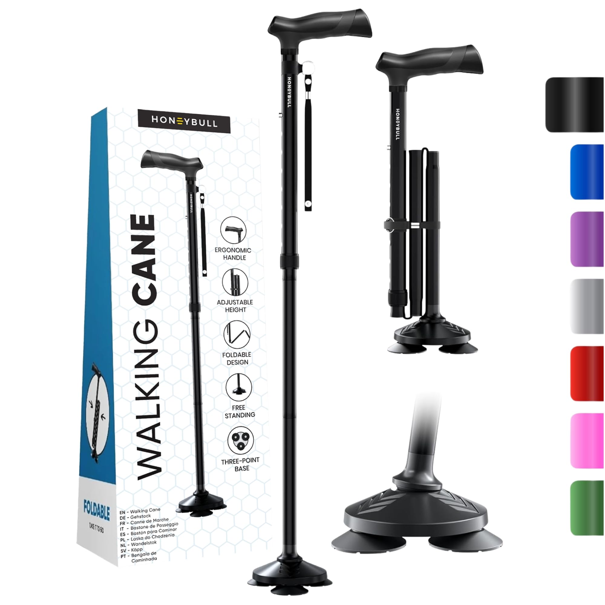 HONEYBULL Walking Cane for Men & Women - Foldable, Adjustable, Collapsible, Free Standing Cane, Pivot Tip, Heavy Duty | Walking Sticks, Folding Canes for Seniors & Adults (Black, Pivot Cane)
