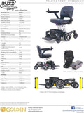 Golden Technologies Buzzaround CarryOn Power Electric Wheelchair - 21" Turning Radius - Folds to 10" - 46 LBS Base - Red/Blue Shrouds Included - GP130