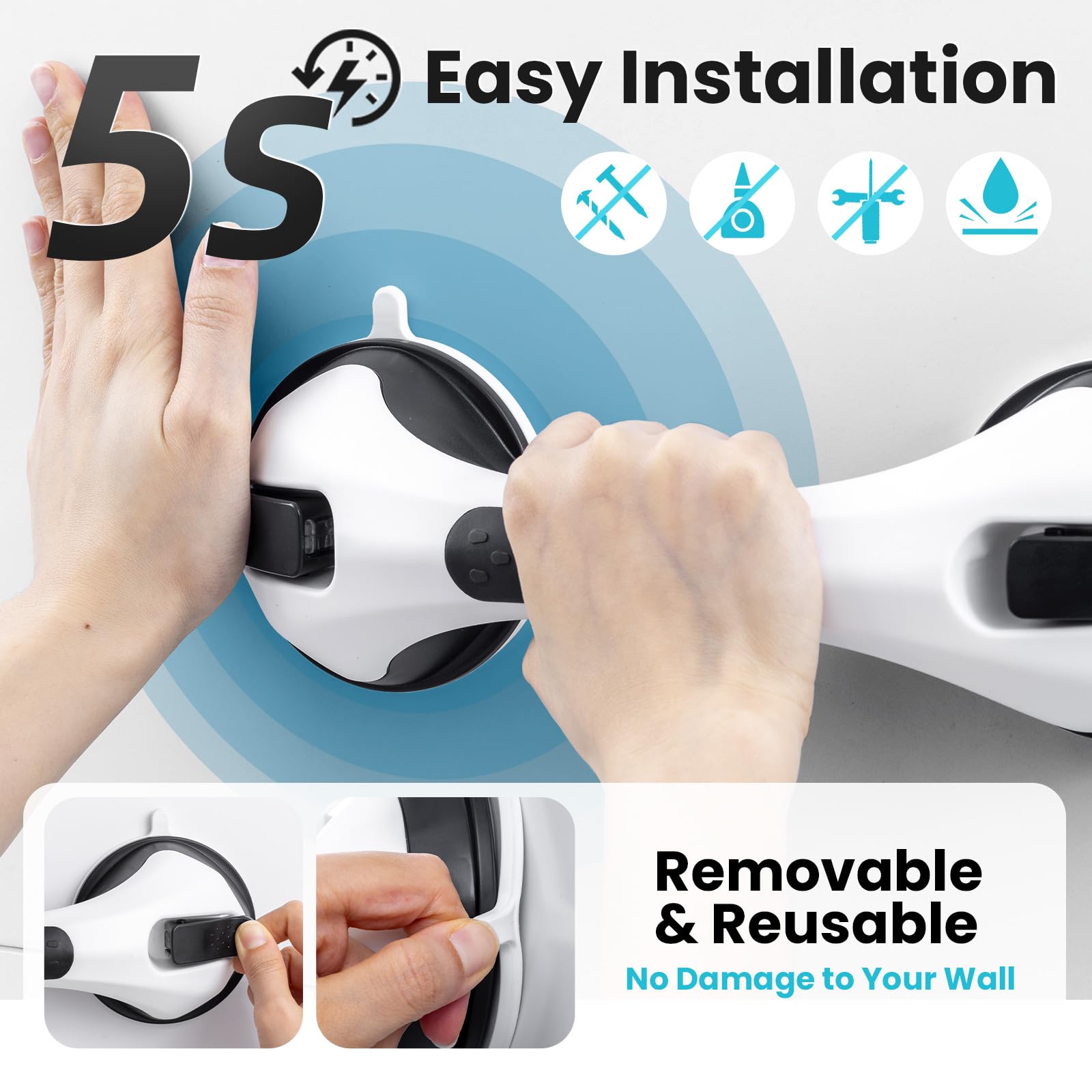 TAILI Grab Bars for Bathtubs and Showers 2 Pack Suction Grab Bar, Heavy Duty Shower Handle Removable Bath Handrails for Seniors and Elderly, Bathroom Safety Grip No Drilling Waterproof,Grey