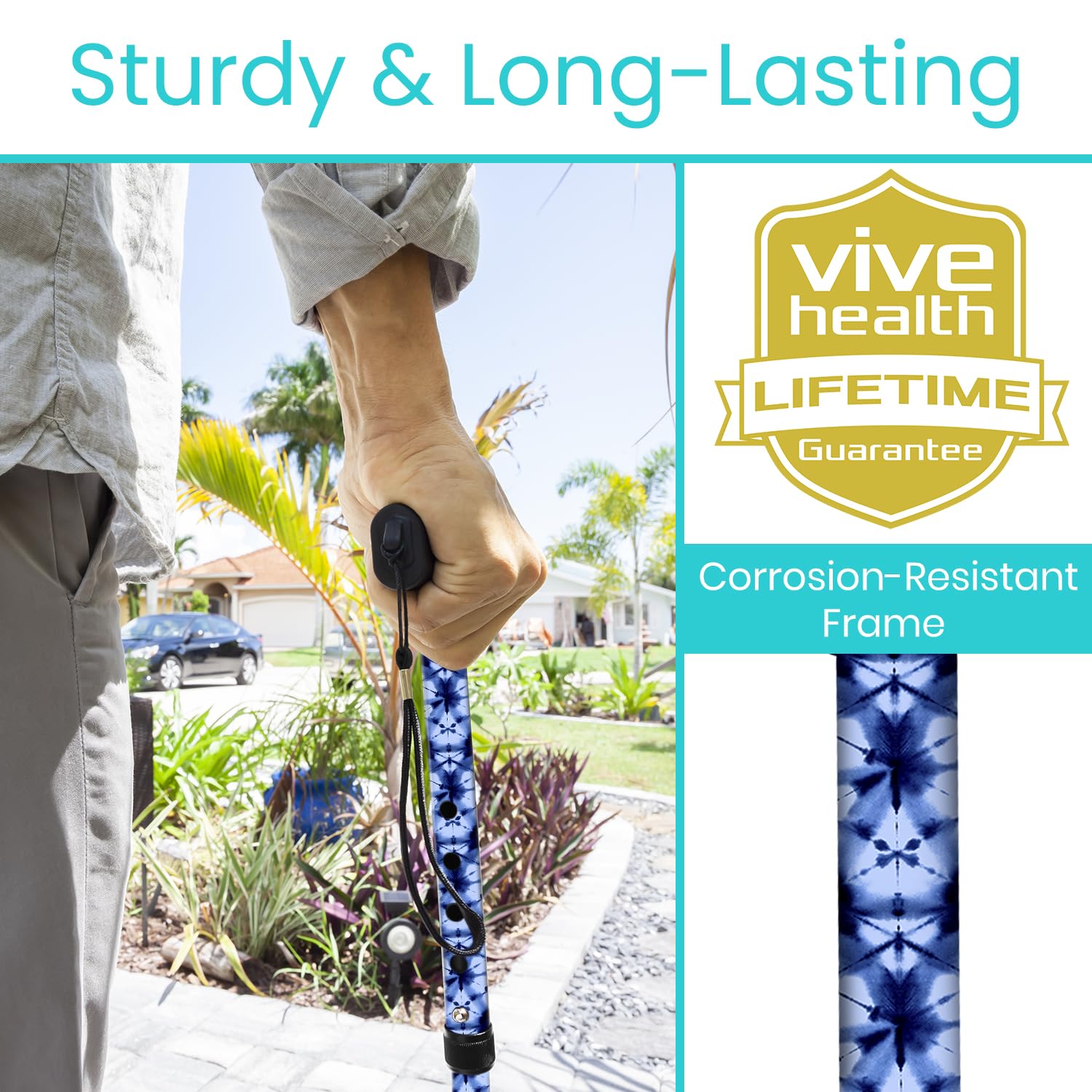 Vive Folding Cane - Foldable Walking Cane for Men, Women - Fold-up, Collapsible, Lightweight, Adjustable, Portable Hand Walking Stick - Balancing Mobility Aid - Comfortable Ergonomic Handle