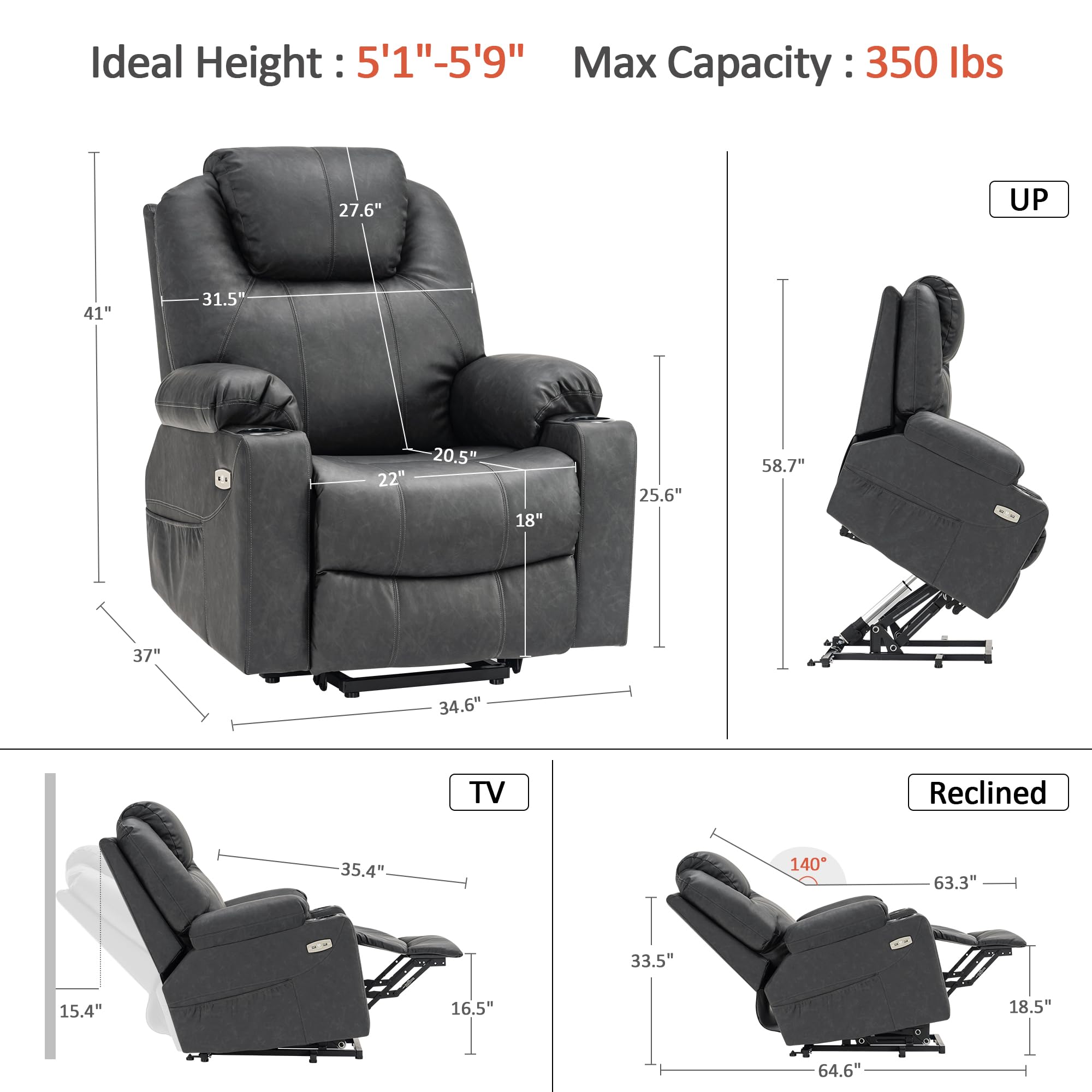 MCombo Electric Power Lift Recliner Chair Sofa with Massage and Heat for Elderly, 3 Positions, 2 Side Pockets, and Cup Holders, USB Ports, Faux Leather 7040 (Light Brown, Medium)