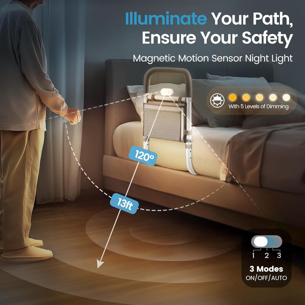 Adjustable Bed Rails for Elderly Adults with Night Light & Bag, Bed Assist Rail with Double Crossbar, Bed Railings Protects Seniors from Falling