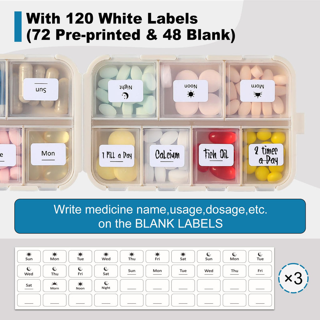 3 Pack 14 Grids Travel Pill Organizer Box with 415-Pcs Medicine Name Labels - Pocket Daily Pharmacy Case Container Kit - Travel Medication Holder Dispenser for Fish Oil Vitamin Supplement Storage