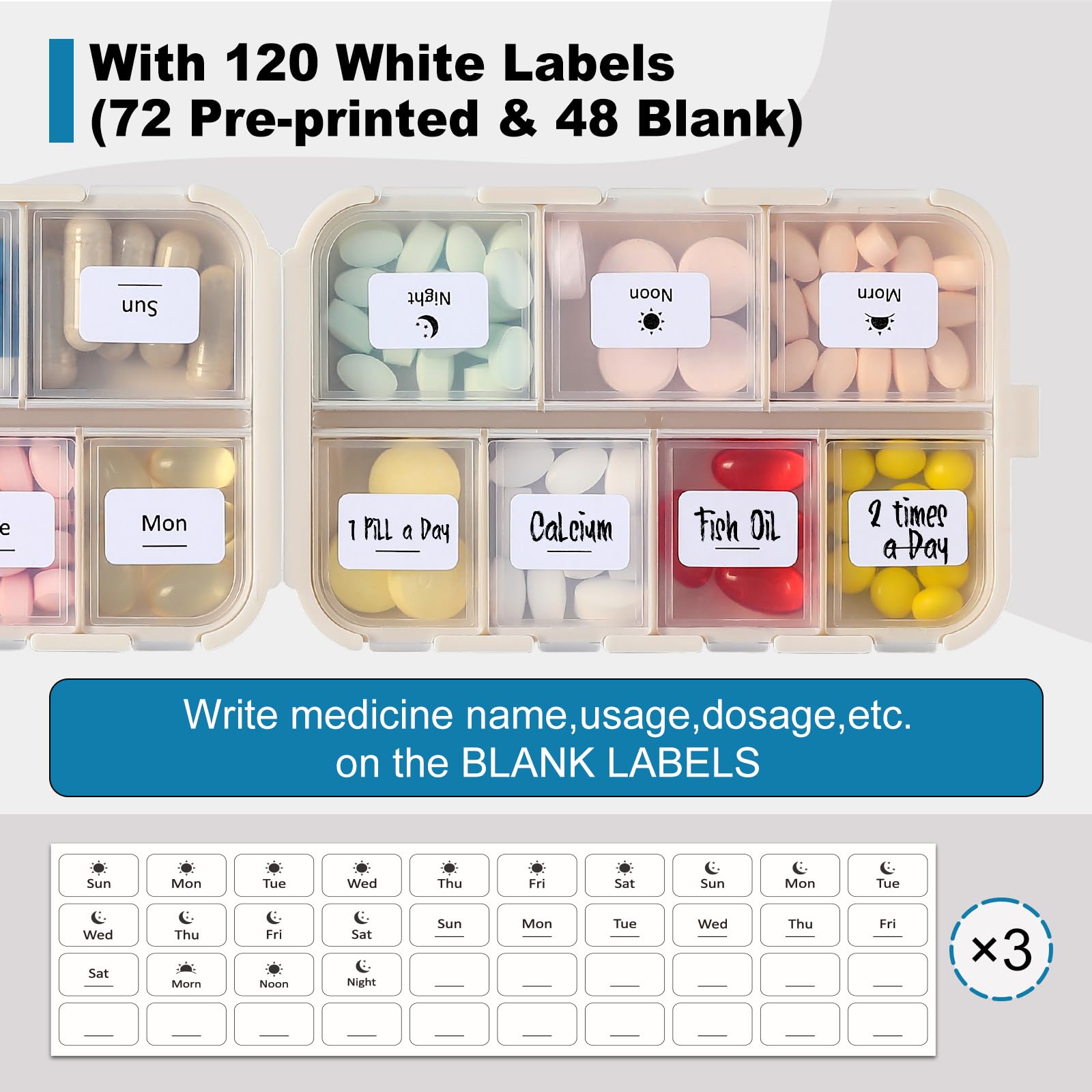 3 Pack 14 Grids Travel Pill Organizer Box with 415-Pcs Medicine Name Labels - Pocket Daily Pharmacy Case Container Kit - Travel Medication Holder Dispenser for Fish Oil Vitamin Supplement Storage