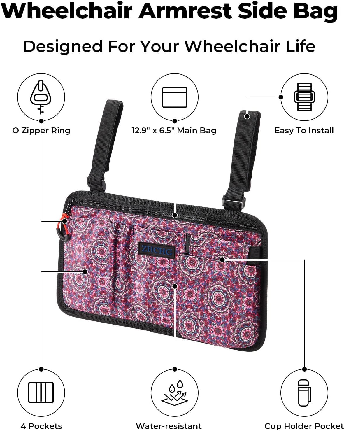 2 Pack Wheelchair Side Bag with Cup Holder, Wheelchair Armrest Pouch Accessories for Walker, Rollator, Electric Scooter Wheelchairs, Ideal Gift for Mother's Day & Father's Day