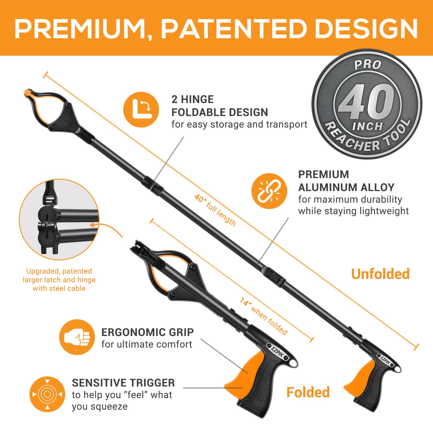 EZPIK Pro 36" Flexible Folding Grabber Tool for Elderly + Magnets, Reacher for Disabled & Seniors Heavy Duty Rotating Grippers for Reaching Underneath, Trash Grabbers & Pickers for Mobility