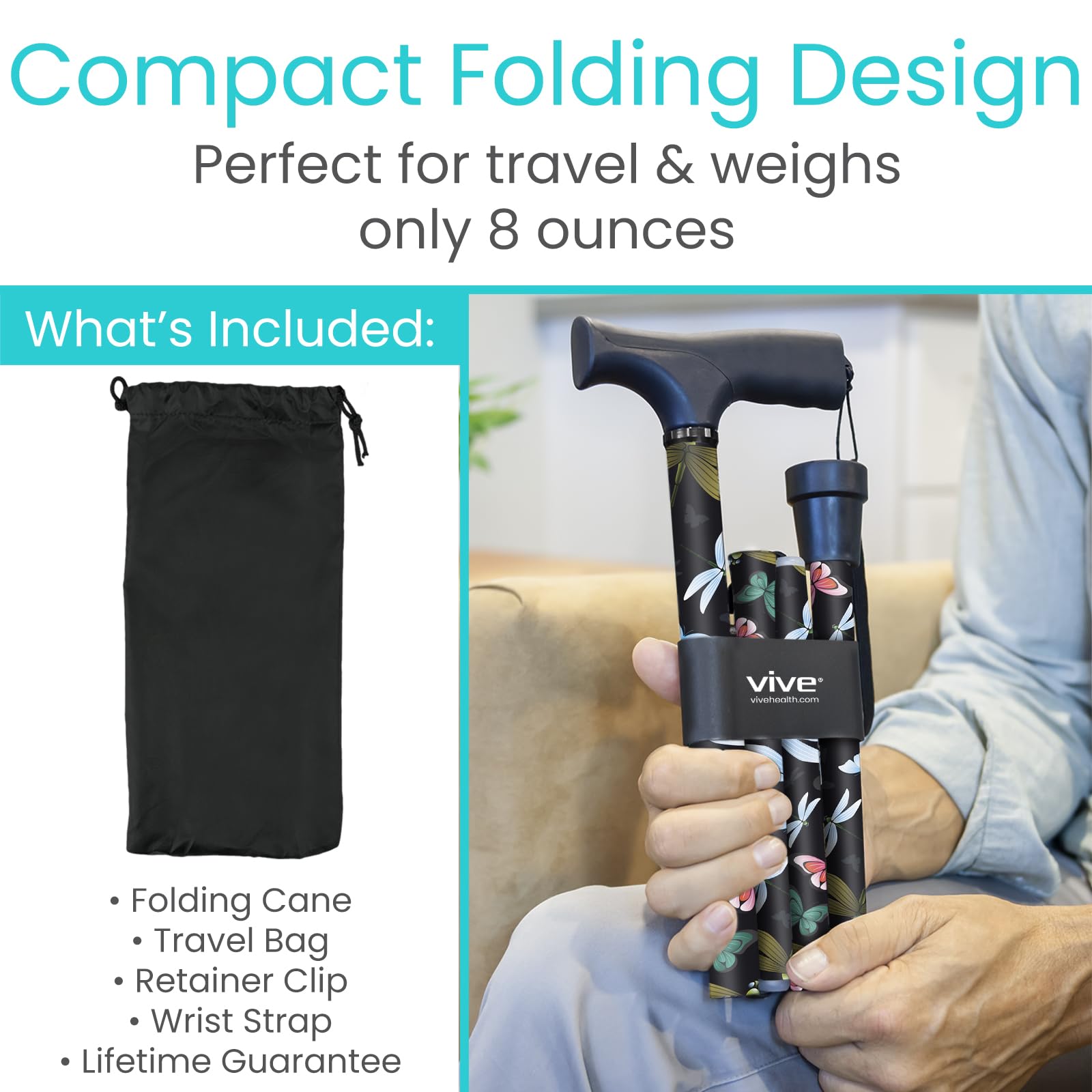 Vive Folding Cane - Foldable Walking Cane for Men, Women - Fold-up, Collapsible, Lightweight, Adjustable, Portable Hand Walking Stick - Balancing Mobility Aid - Comfortable Ergonomic Handle