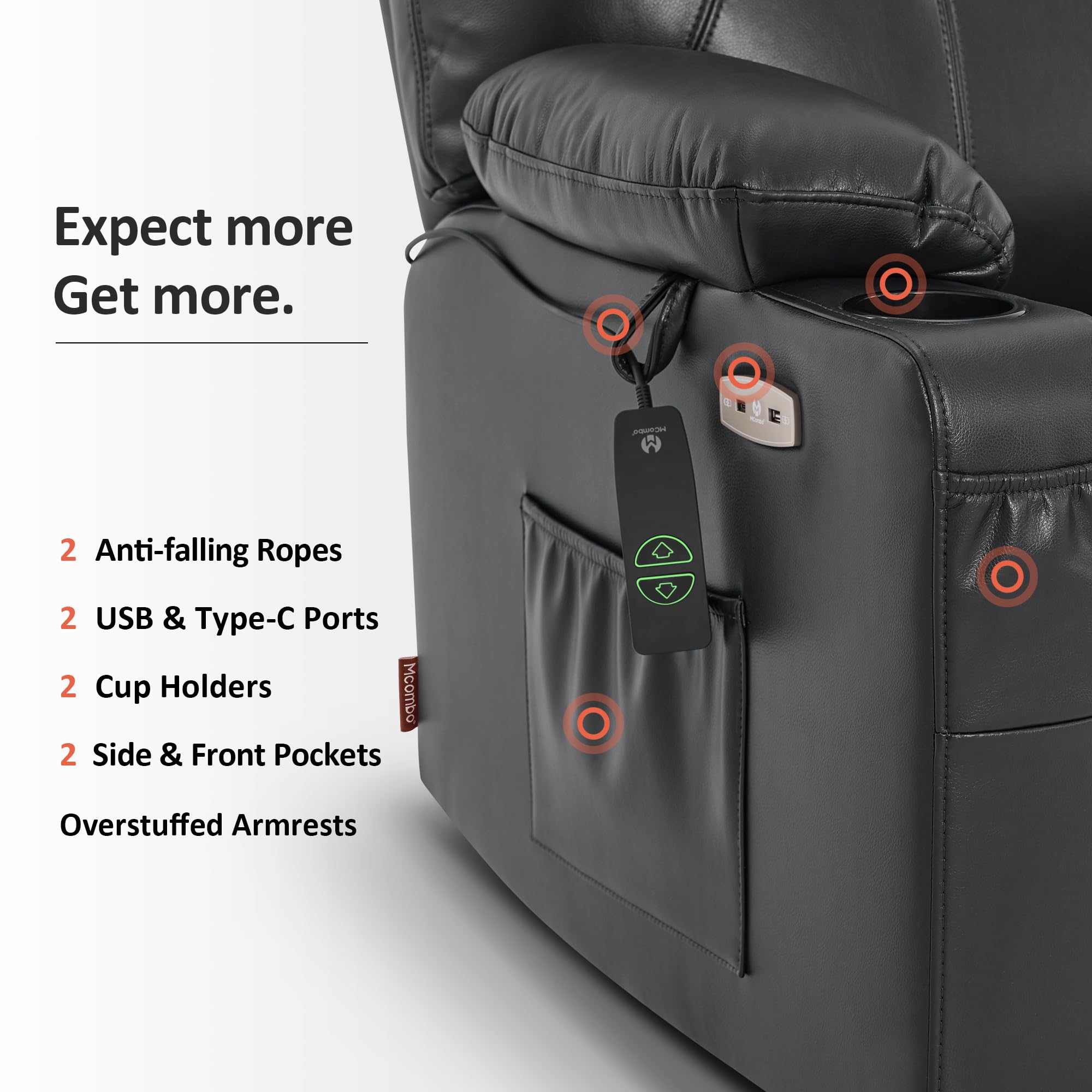 MCombo Electric Power Lift Recliner Chair Sofa with Massage and Heat for Elderly, 3 Positions, 2 Side Pockets, and Cup Holders, USB Ports, Faux Leather 7040 (Light Brown, Medium)