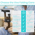 Vive Folding Cane - Foldable Walking Cane for Men, Women - Fold-up, Collapsible, Lightweight, Adjustable, Portable Hand Walking Stick - Balancing Mobility Aid - Comfortable Ergonomic Handle