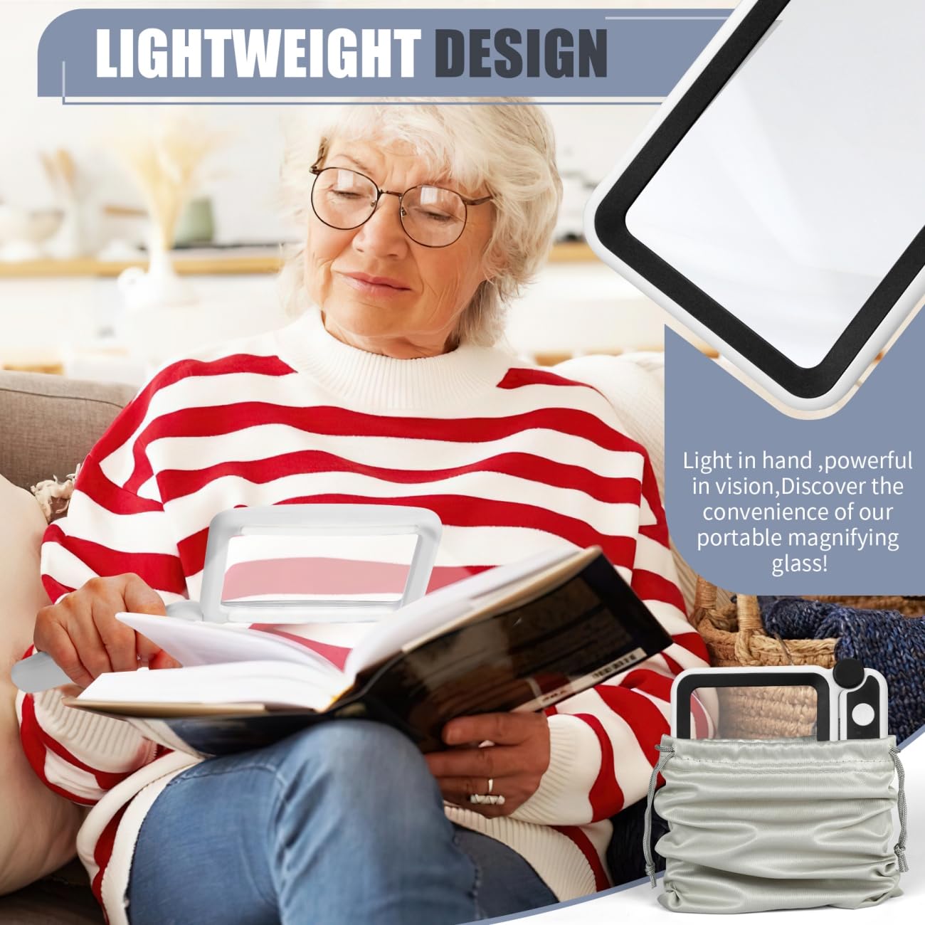 Magnifying Glass with Light, Rechargeable 5X Large Page Magnifier for Reading, Folding Handheld Dimmable, LED Lighted Rectangle Magnifier for Reading Book Small Print for Seniors Low Vision