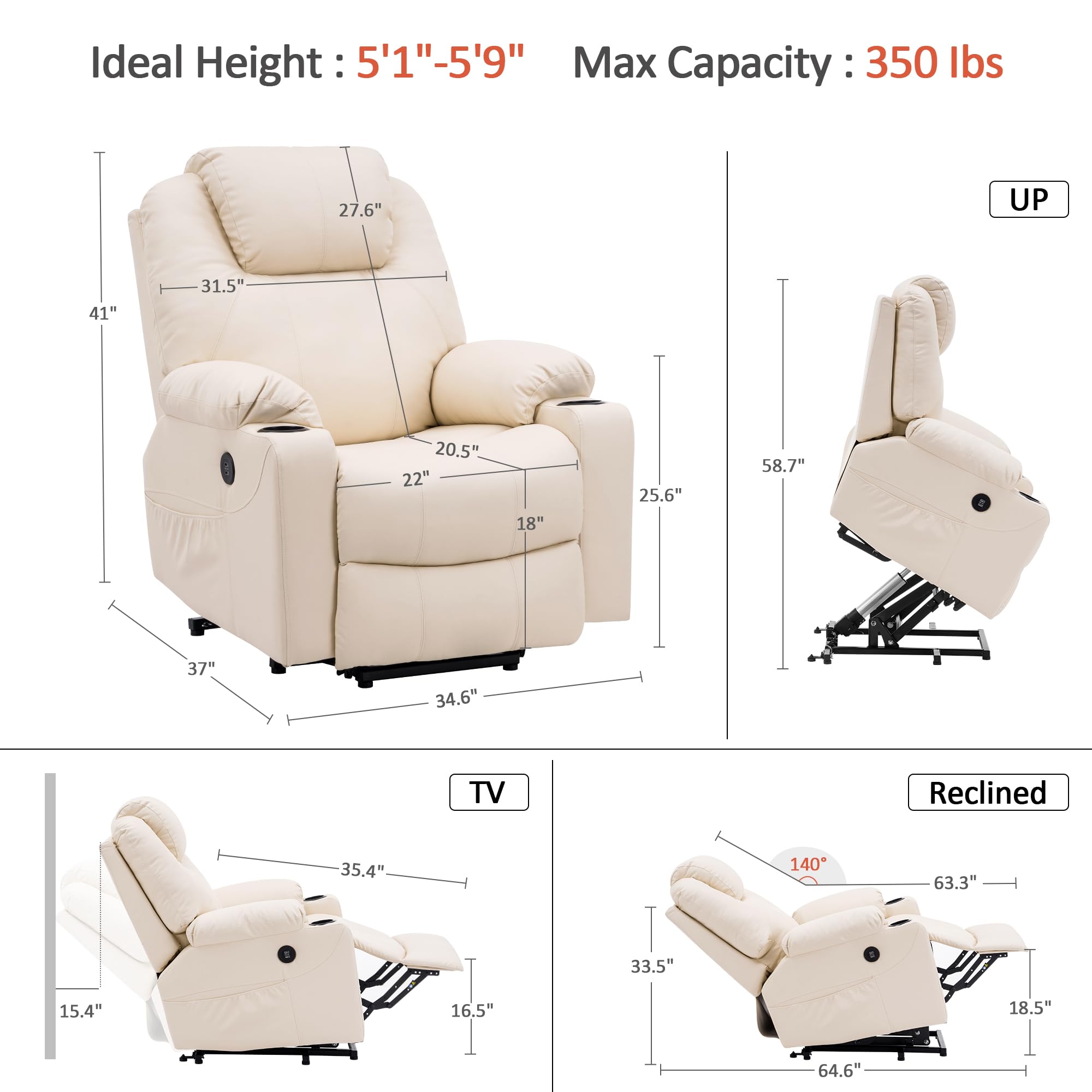 MCombo Electric Power Lift Recliner Chair Sofa with Massage and Heat for Elderly, 3 Positions, 2 Side Pockets, and Cup Holders, USB Ports, Faux Leather 7040 (Light Brown, Medium)