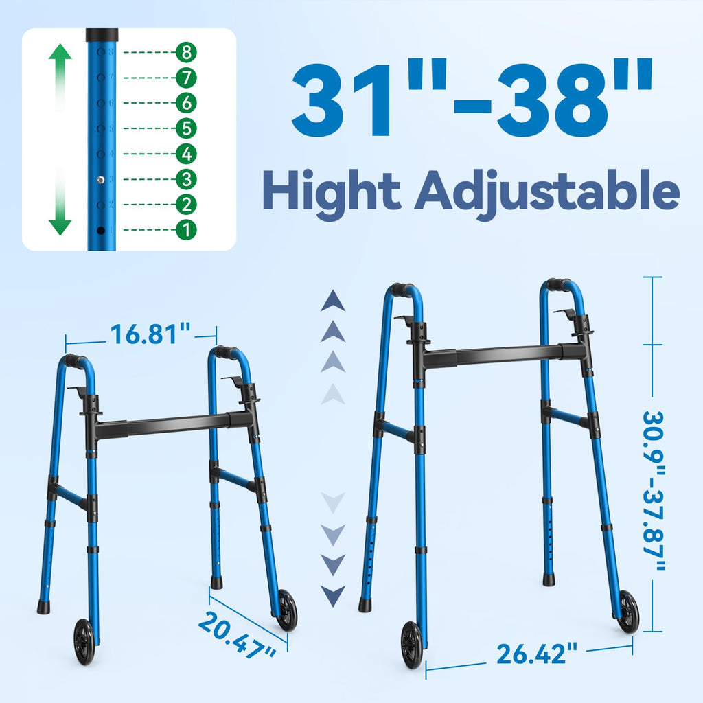 Folding Walker with 2 Skis and 5" Wheels, Lightweight Walkers for Seniors and Adults, Supports Up to 350 Pounds, Adjustable Height, Compact Standard Walker, Black