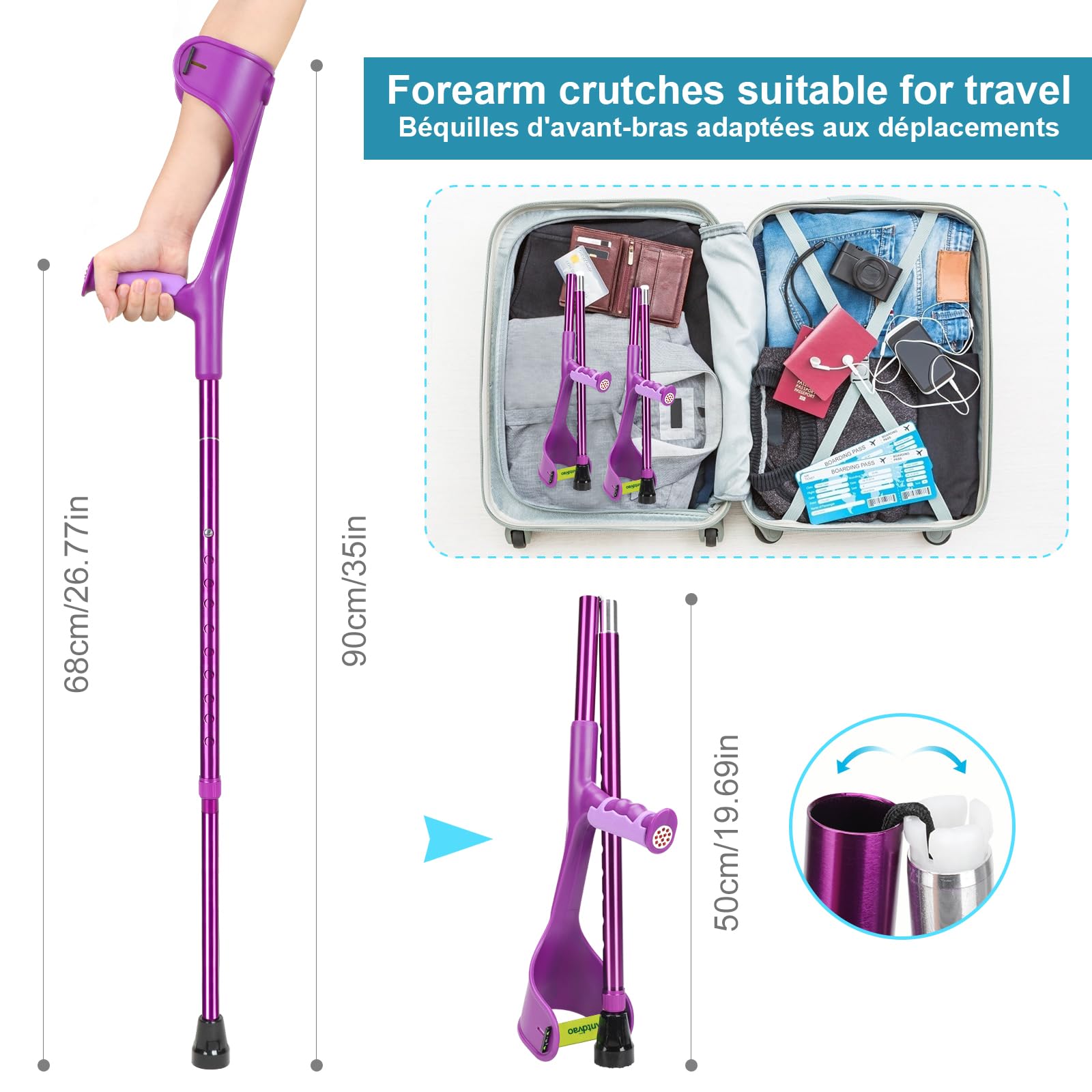 Forearm Crutch for Adults(x1 Unit), Forearm Crutch with Cuffs, Anti-Drop, Crutch for Walking, Forearm Crutch Lightweight Adjustable, Aluminum Forearm Crutch, Black Crutch (Single Black)
