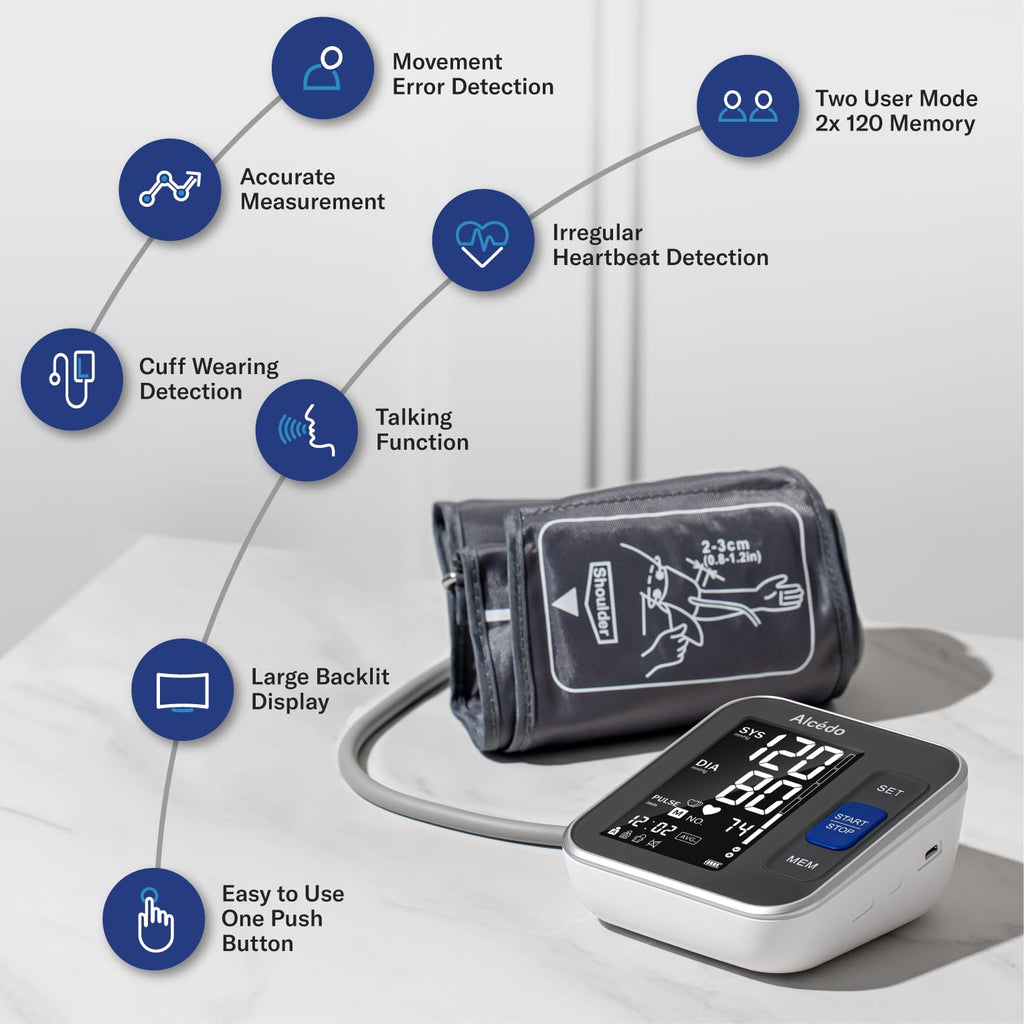 Alcedo Blood Pressure Monitor for Home Use, Automatic Digital BP Machine with Large Cuff for Upper Arm, LCD Screen, 2x120 Memory, Talking Function