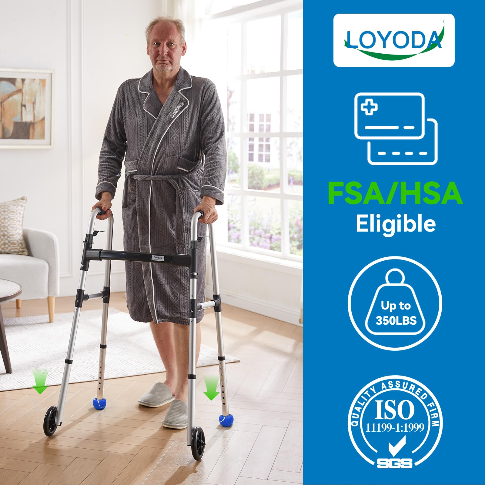Folding Walker with 2 Skis and 5" Wheels, Lightweight Walkers for Seniors and Adults, Supports Up to 350 Pounds, Adjustable Height, Compact Standard Walker, Black