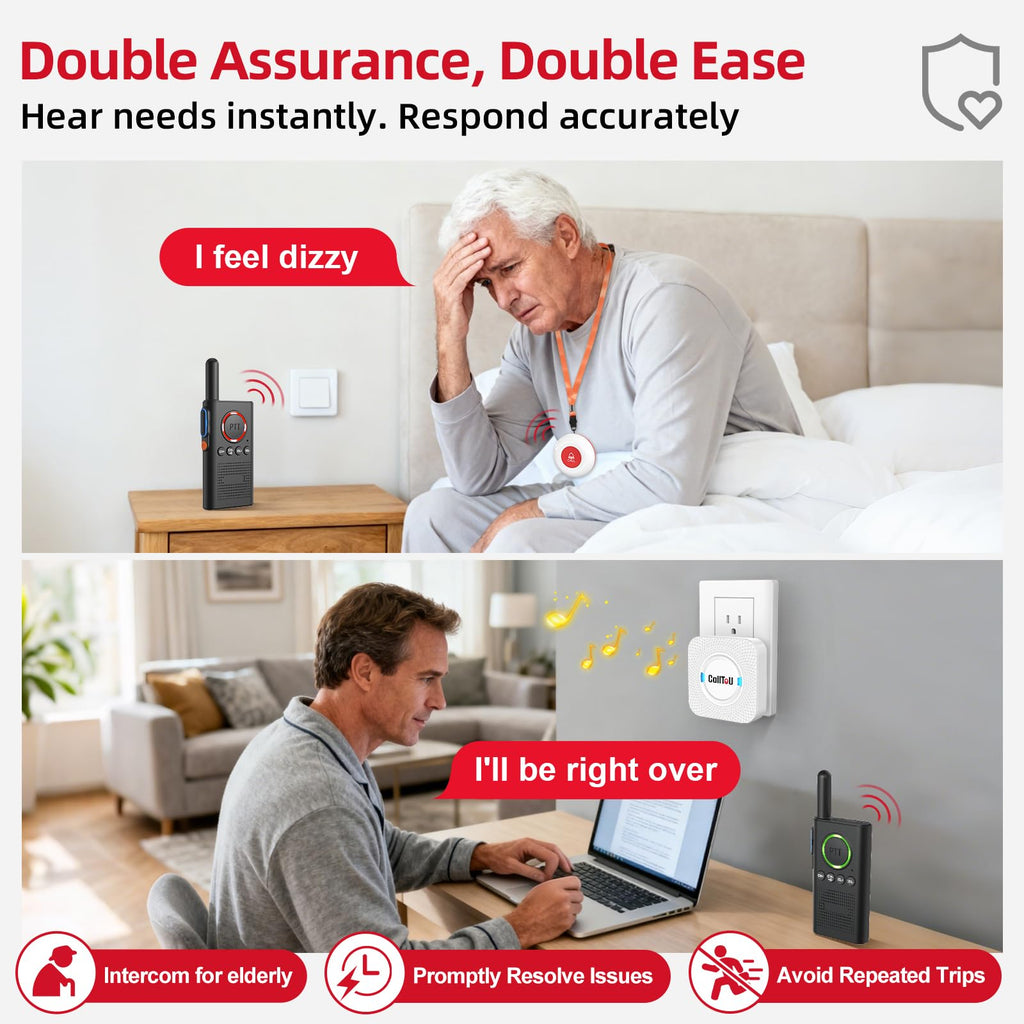 CallToU Wireless Caregiver Pager Smart Call System 2 SOS Call Buttons/Transmitters 2 Receivers Nurse Calling Alert Patient Help System for Home/Personal Attention Pager 500+Feet Plugin Receiver