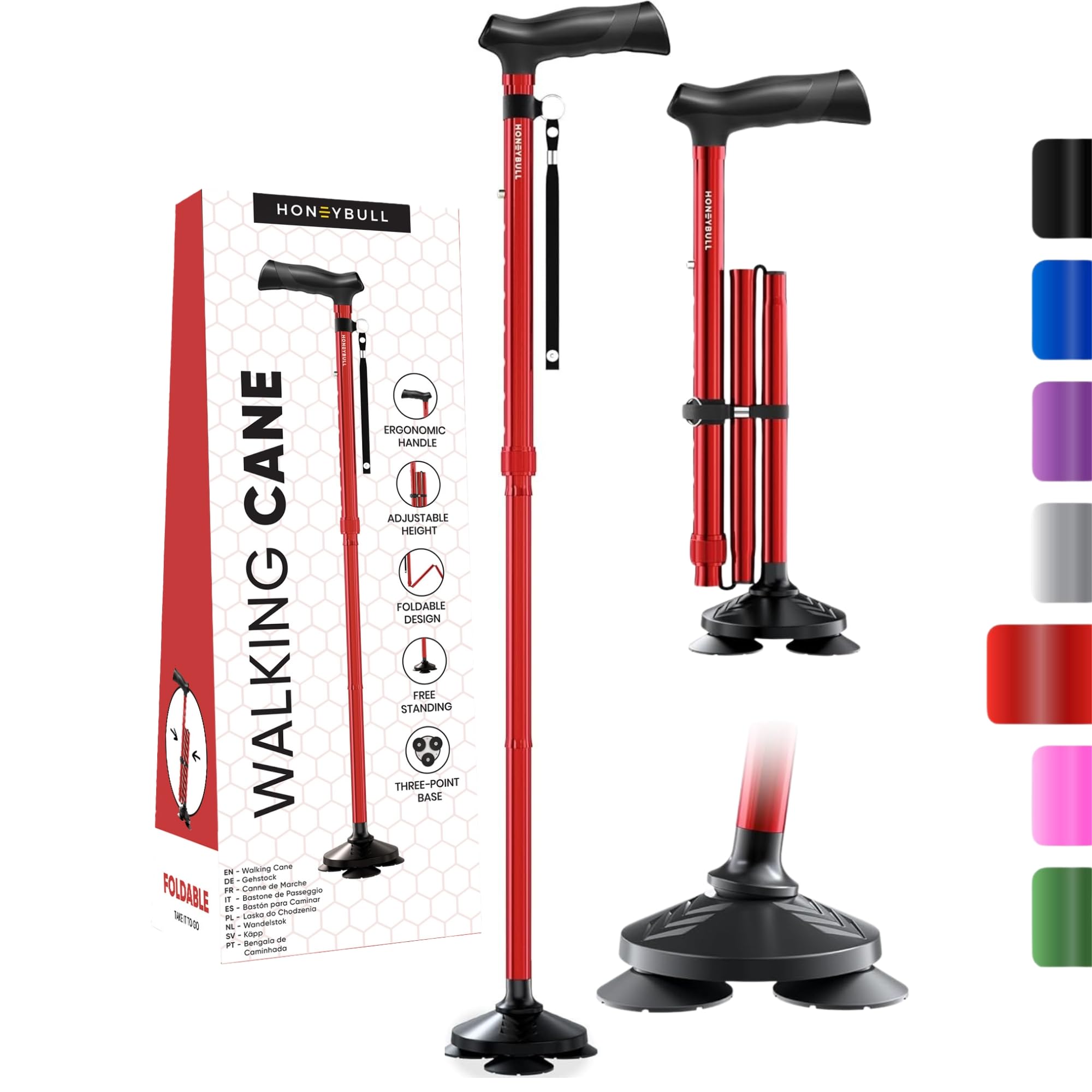 HONEYBULL Walking Cane for Men & Women - Foldable, Adjustable, Collapsible, Free Standing Cane, Pivot Tip, Heavy Duty | Walking Sticks, Folding Canes for Seniors & Adults (Black, Pivot Cane)