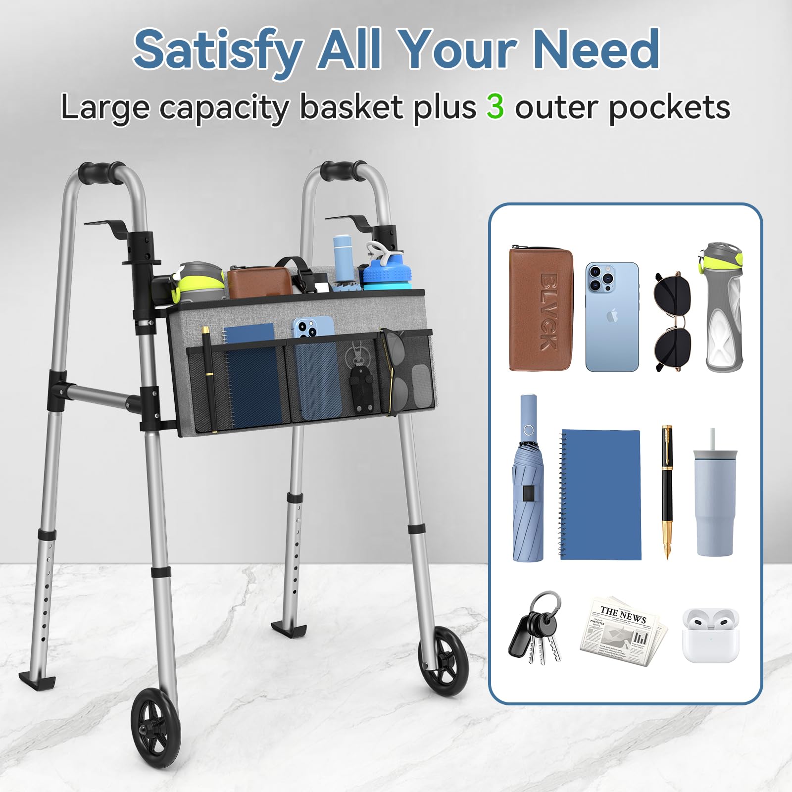 Folding Walker with 2 Skis and 5" Wheels, Lightweight Walkers for Seniors and Adults, Supports Up to 350 Pounds, Adjustable Height, Compact Standard Walker, Black