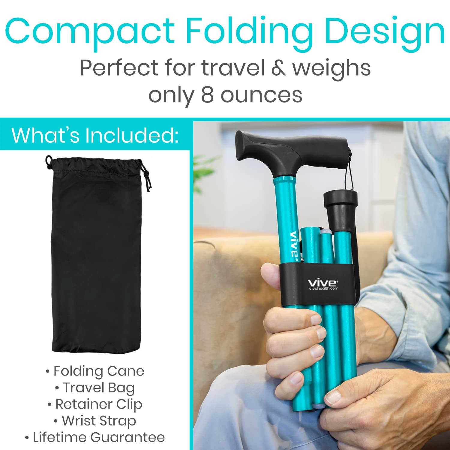 Vive Folding Cane - Foldable Walking Cane for Men, Women - Fold-up, Collapsible, Lightweight, Adjustable, Portable Hand Walking Stick - Balancing Mobility Aid - Comfortable Ergonomic Handle
