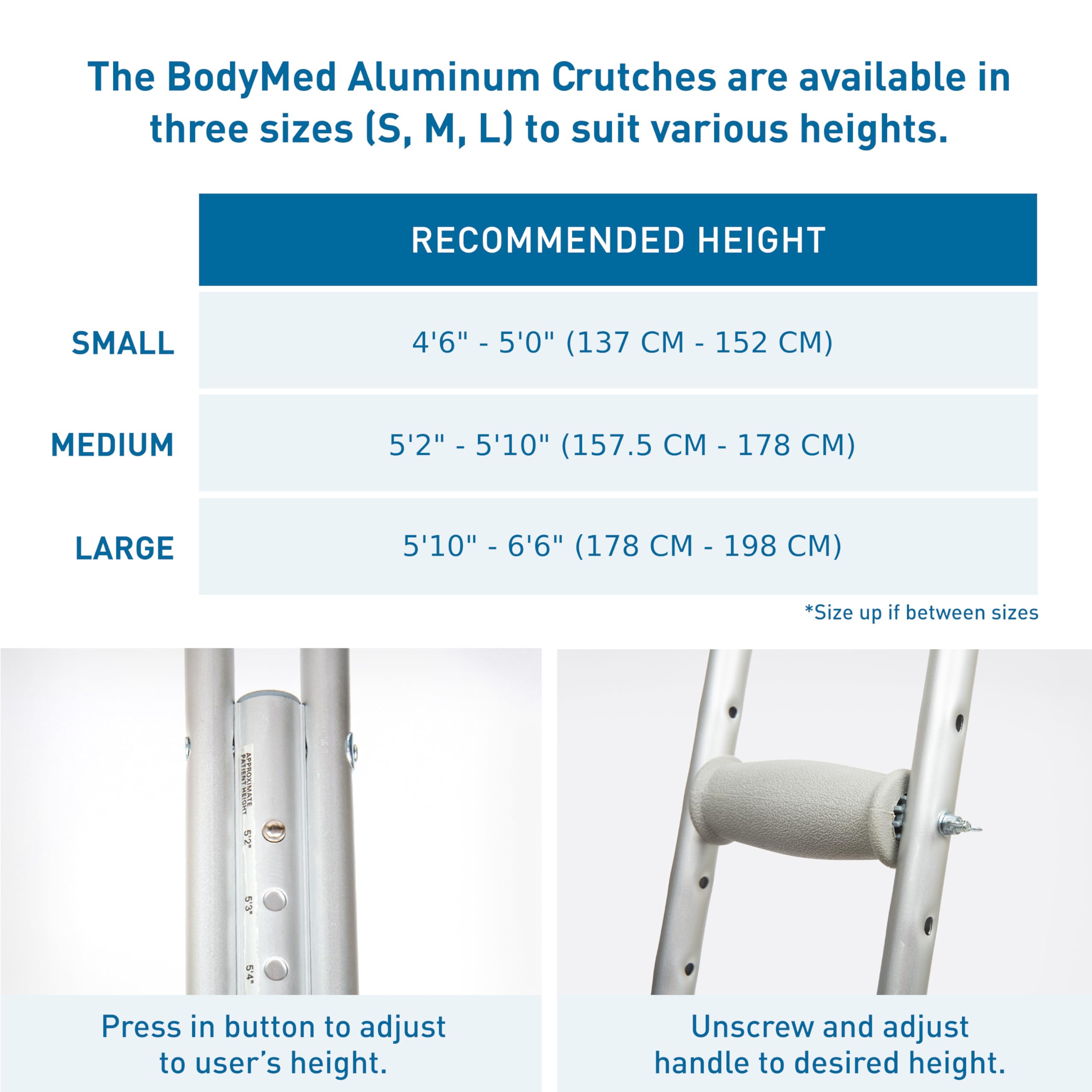 BodyMed Aluminum Crutches for Adults and Children – Pair of Lightweight, Height Adjustable Crutches – Includes Padded Underarm Cushions, Hand Grips, & Rubber Tips – Max. Weight Capacity 300 lb.