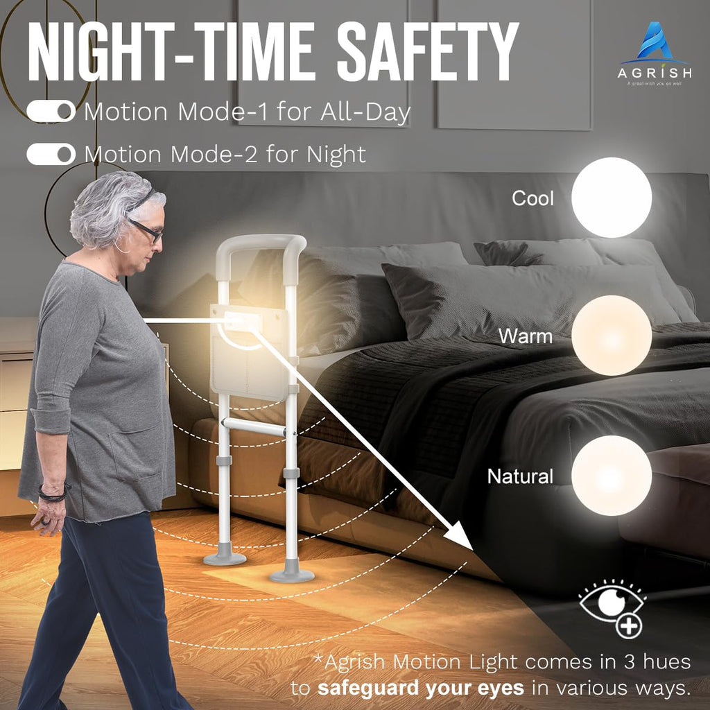 Bed Rails Elderly Adults Safety, Bedside Assist Grab Bar Handrails for Seniors with Motion Sensor Light & Pouch, Adjustable Bed Cane Portable Handle Railing, Fit King Queen Full Twin Bed