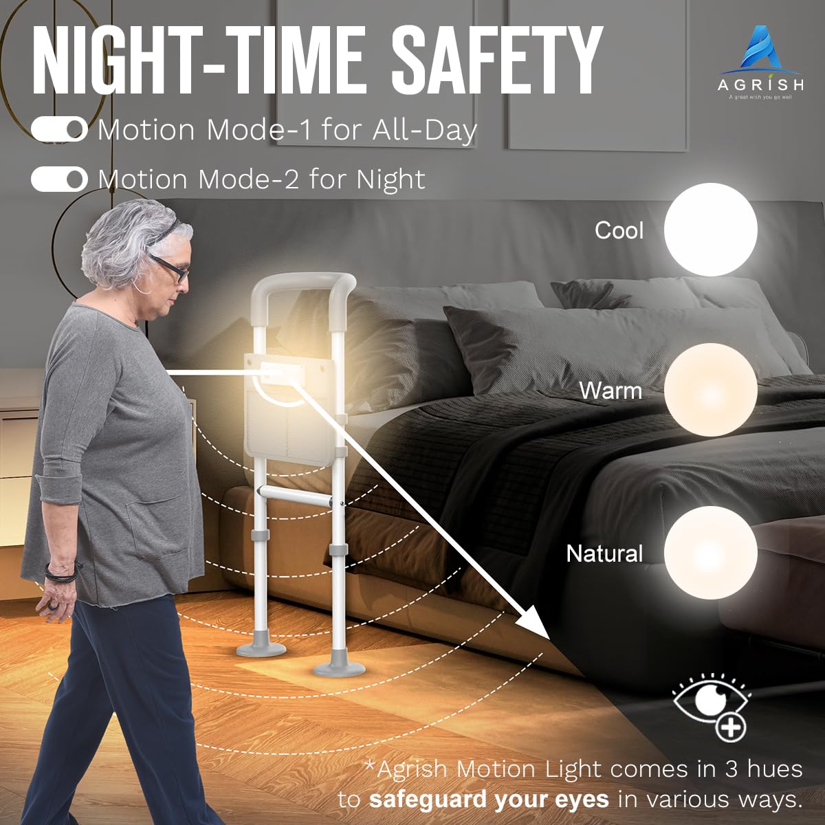 Bed Rails Elderly Adults Safety, Bedside Assist Grab Bar Handrails for Seniors with Motion Sensor Light & Pouch, Adjustable Bed Cane Portable Handle Railing, Fit King Queen Full Twin Bed
