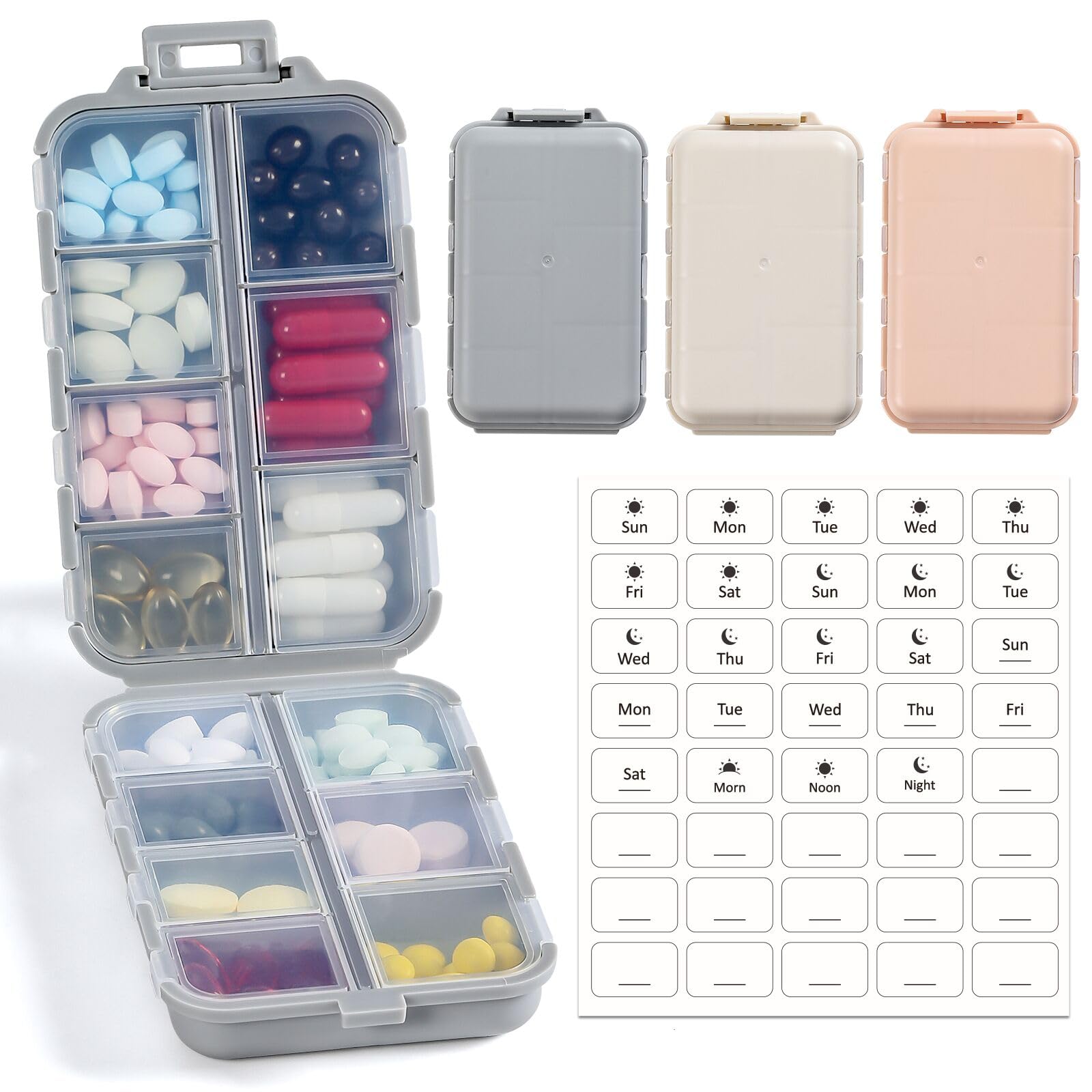 3 Pack 14 Grids Travel Pill Organizer Box with 415-Pcs Medicine Name Labels - Pocket Daily Pharmacy Case Container Kit - Travel Medication Holder Dispenser for Fish Oil Vitamin Supplement Storage