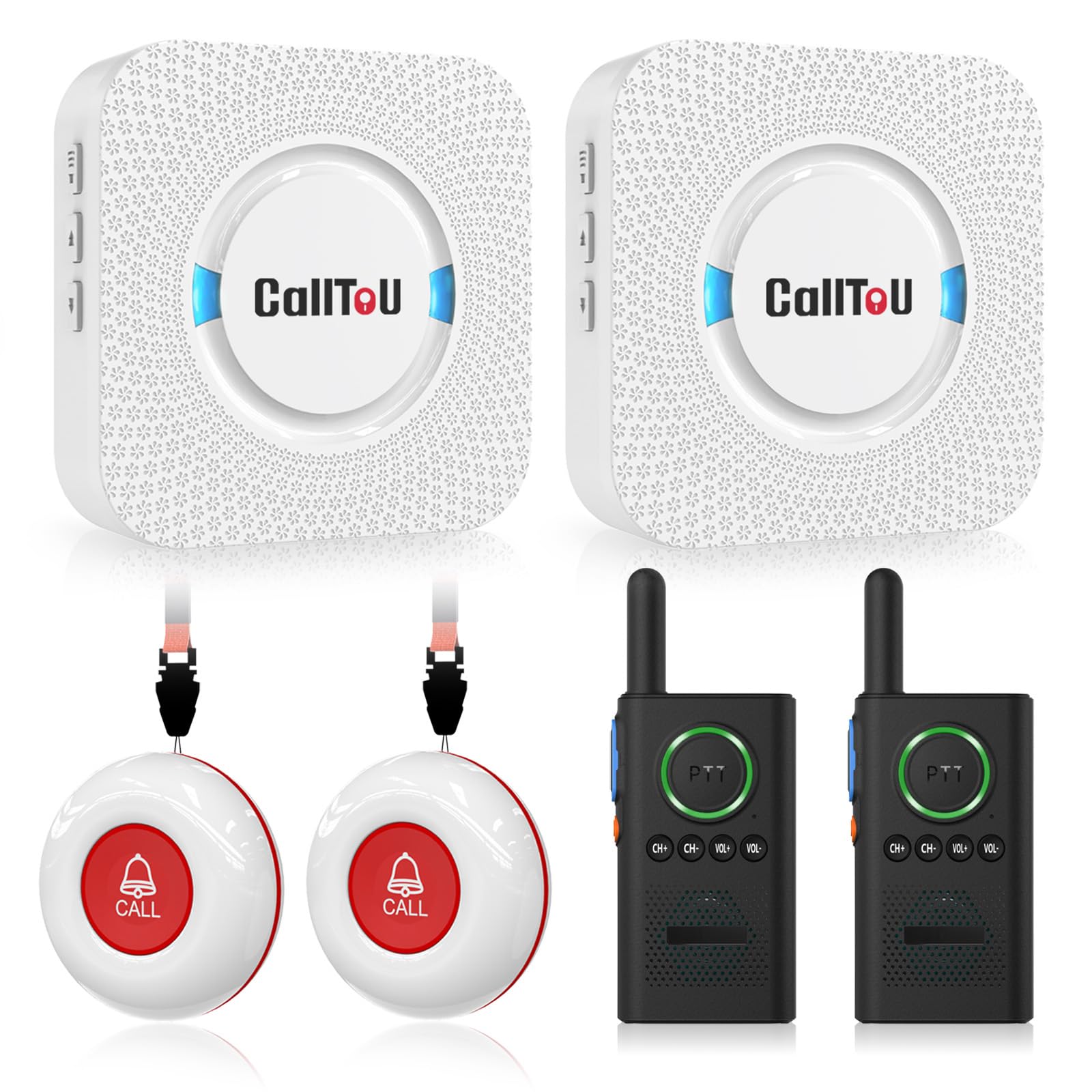CallToU Wireless Caregiver Pager Smart Call System 2 SOS Call Buttons/Transmitters 2 Receivers Nurse Calling Alert Patient Help System for Home/Personal Attention Pager 500+Feet Plugin Receiver