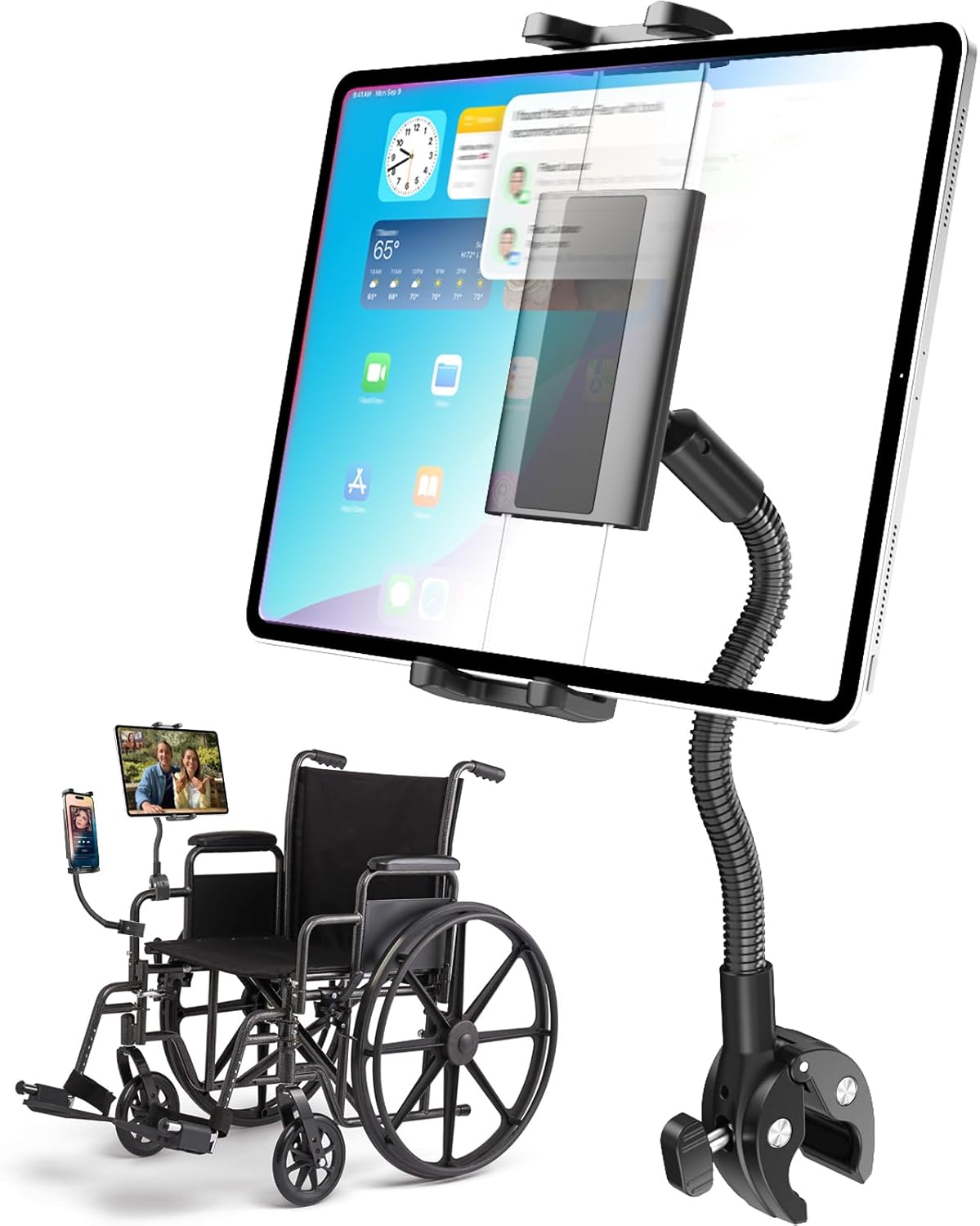 Charchendo Tablet Holder for Wheelchair Handle, Wheelchair Phone Tablet Mount with 9.45" Aluminum Arm 360° Rotation Adjustment Compatible with 4-13'' iPad Pro/Air/Mini, iPhones, Galaxy Z, E-Book