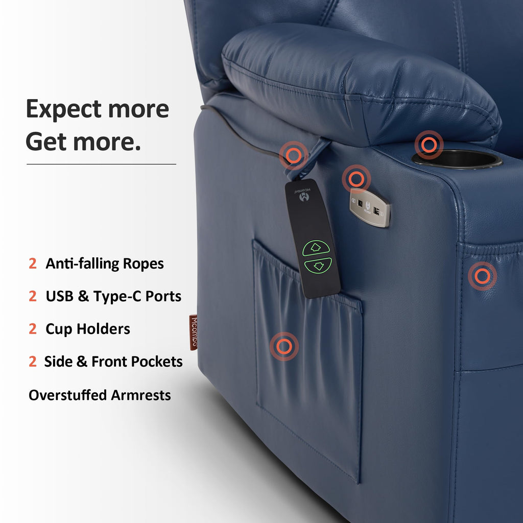 MCombo Electric Power Lift Recliner Chair Sofa with Massage and Heat for Elderly, 3 Positions, 2 Side Pockets, and Cup Holders, USB Ports, Faux Leather 7040 (Light Brown, Medium)