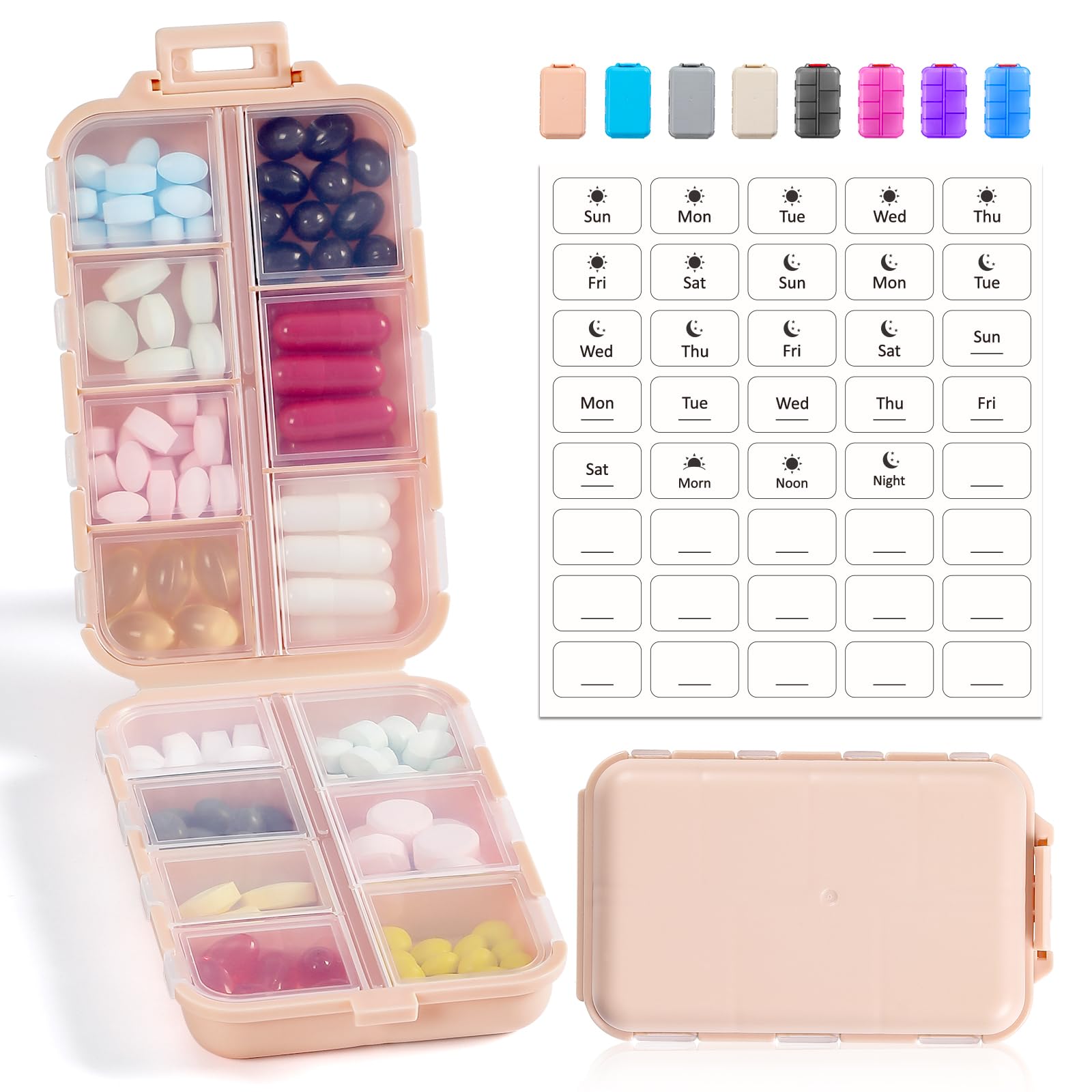 3 Pack 14 Grids Travel Pill Organizer Box with 415-Pcs Medicine Name Labels - Pocket Daily Pharmacy Case Container Kit - Travel Medication Holder Dispenser for Fish Oil Vitamin Supplement Storage