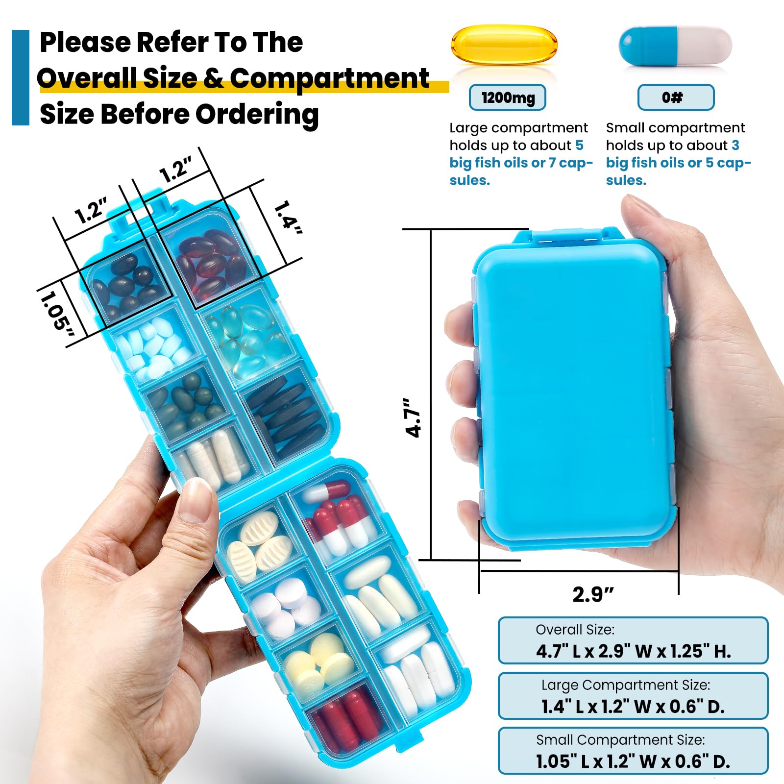 3 Pack 14 Grids Travel Pill Organizer Box with 415-Pcs Medicine Name Labels - Pocket Daily Pharmacy Case Container Kit - Travel Medication Holder Dispenser for Fish Oil Vitamin Supplement Storage