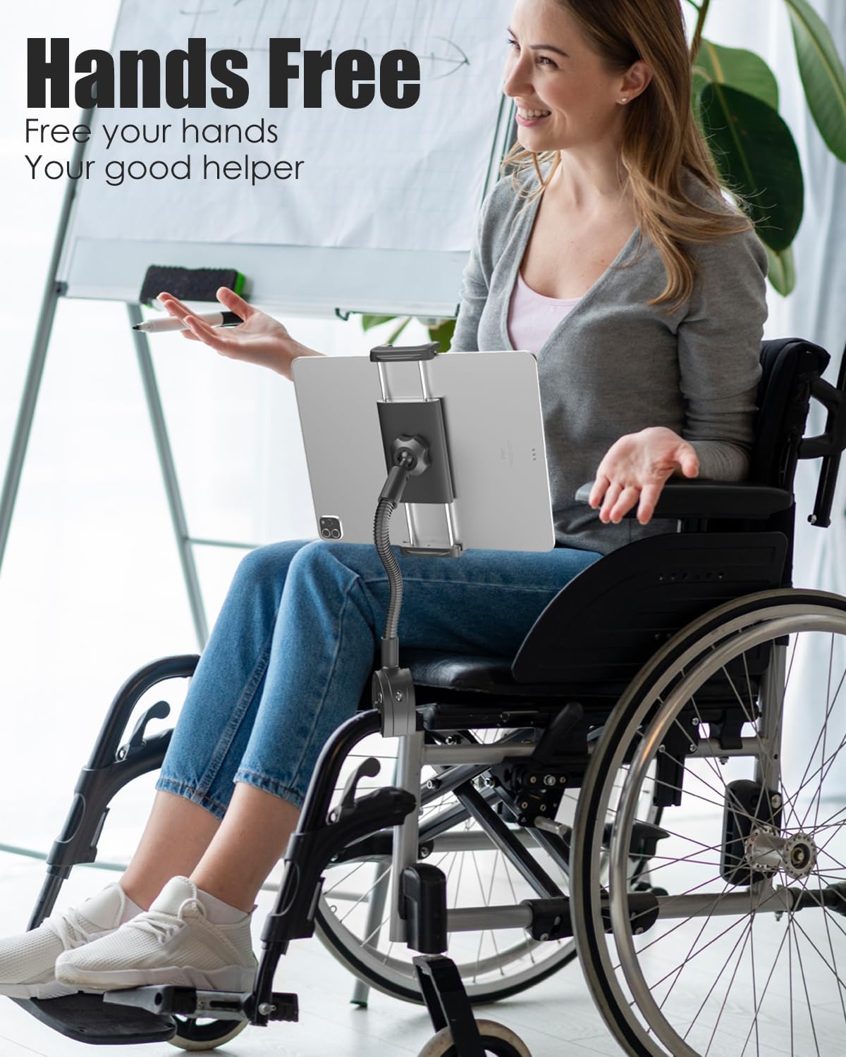 Charchendo Tablet Holder for Wheelchair Handle, Wheelchair Phone Tablet Mount with 9.45" Aluminum Arm 360° Rotation Adjustment Compatible with 4-13'' iPad Pro/Air/Mini, iPhones, Galaxy Z, E-Book