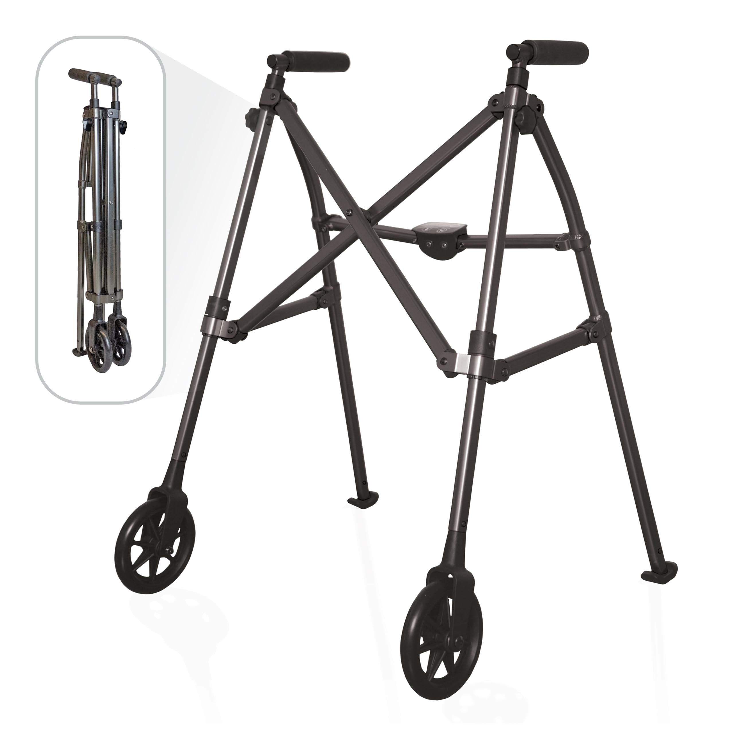 Stander Space Saver Walker, Lightweight Folding Rolling Mobility Aid for Seniors & Adults, Compact 2-Wheel Disability Device with 6-inch Wheels & Ski Glides for Walking Support, Cobalt Blue
