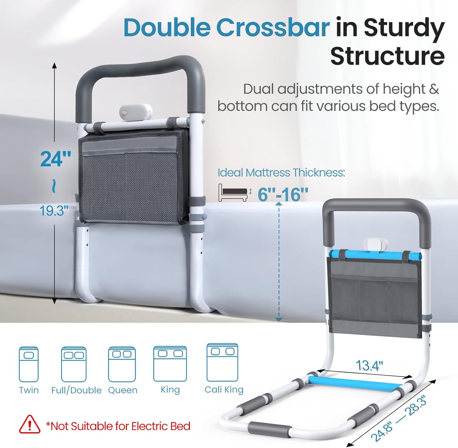 Adjustable Bed Rails for Elderly Adults with Night Light & Bag, Bed Assist Rail with Double Crossbar, Bed Railings Protects Seniors from Falling